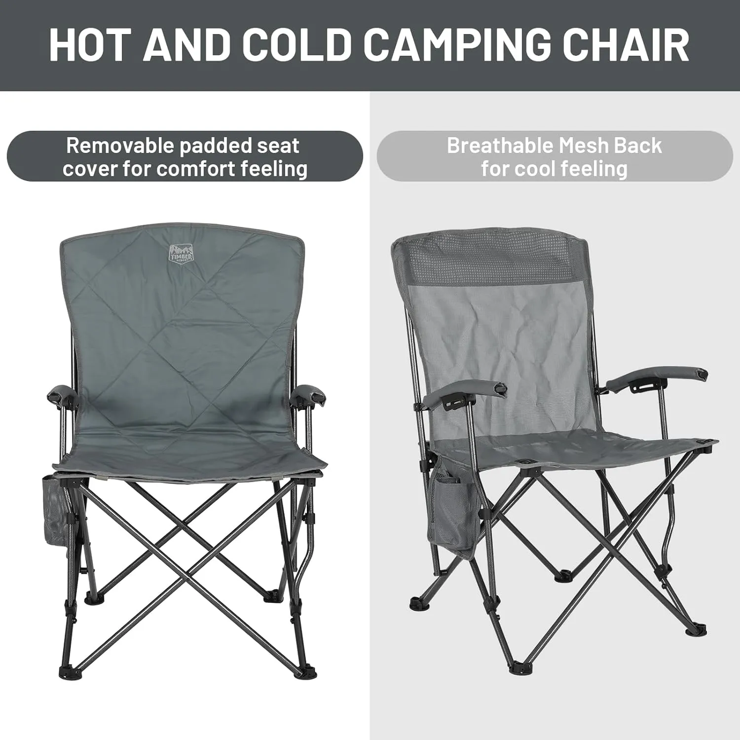 TIMBER RIDGE Folding Camping Chair, Removable Seat Padded Lawn Chairs Foldable Outdoor Camp Chair for Adults, Supports Up to 300 LBS, Grey