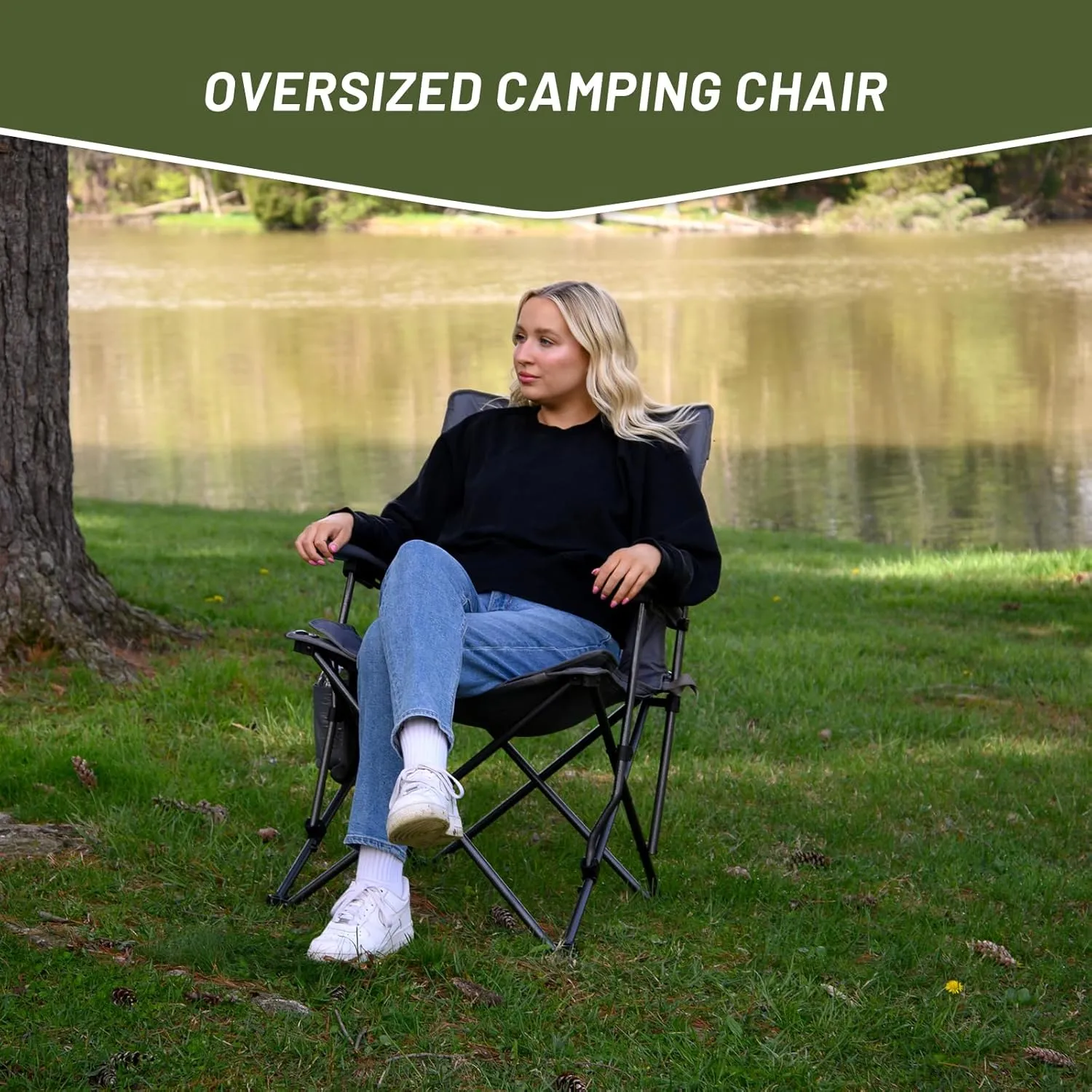 TIMBER RIDGE Folding Camping Chair, Removable Seat Padded Lawn Chairs Foldable Outdoor Camp Chair for Adults, Supports Up to 300 LBS, Grey