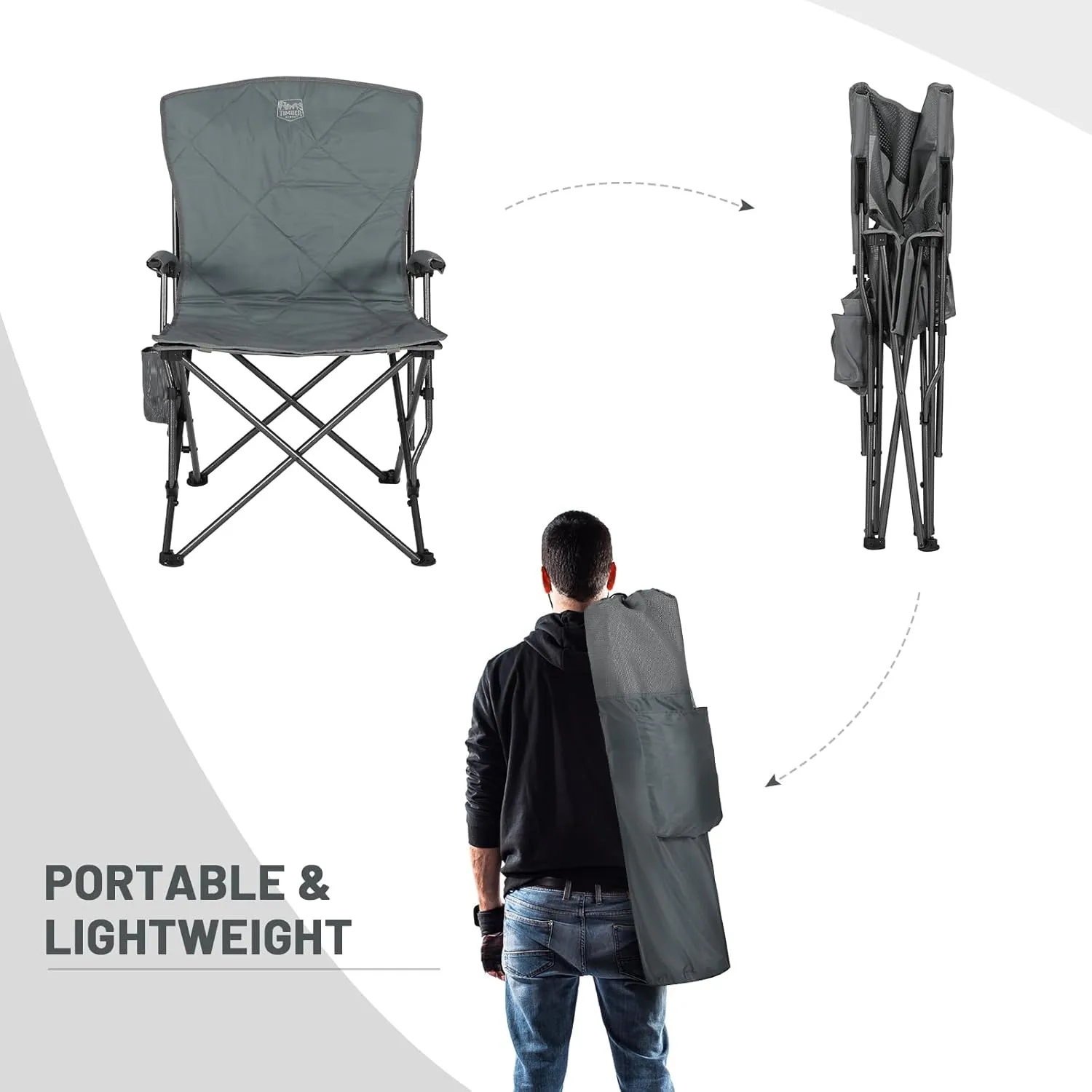 TIMBER RIDGE Folding Camping Chair, Removable Seat Padded Lawn Chairs Foldable Outdoor Camp Chair for Adults, Supports Up to 300 LBS, Grey