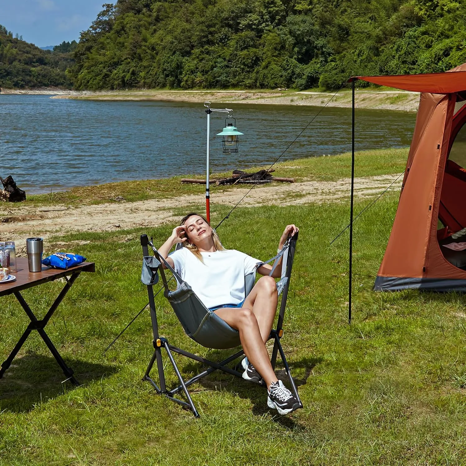 TIMBER RIDGE Hammock Camping Chair with Adjustable Backrest, Heavy Duty Folding Hammock Chair Supports 300lbs, Portable Hammock Chair for Camping, Travelling and Patio, Tan