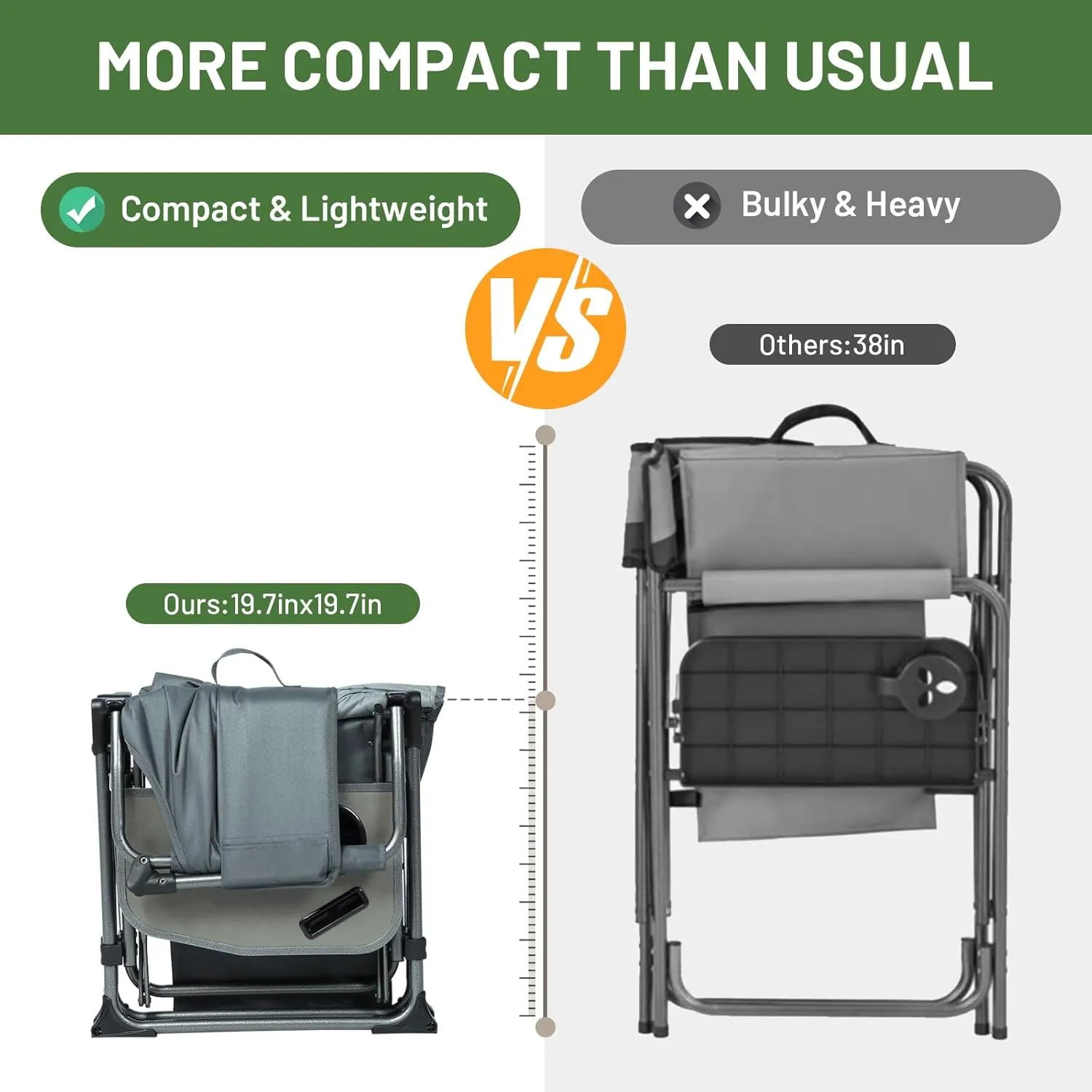 TIMBER RIDGE Heavy Duty Camping Chair with Compact Size, Portable Directors Chair with Side Table and Pocket for Camping, Lawn, Sports and Fishing, Supports Up to 400lbs, Grey
