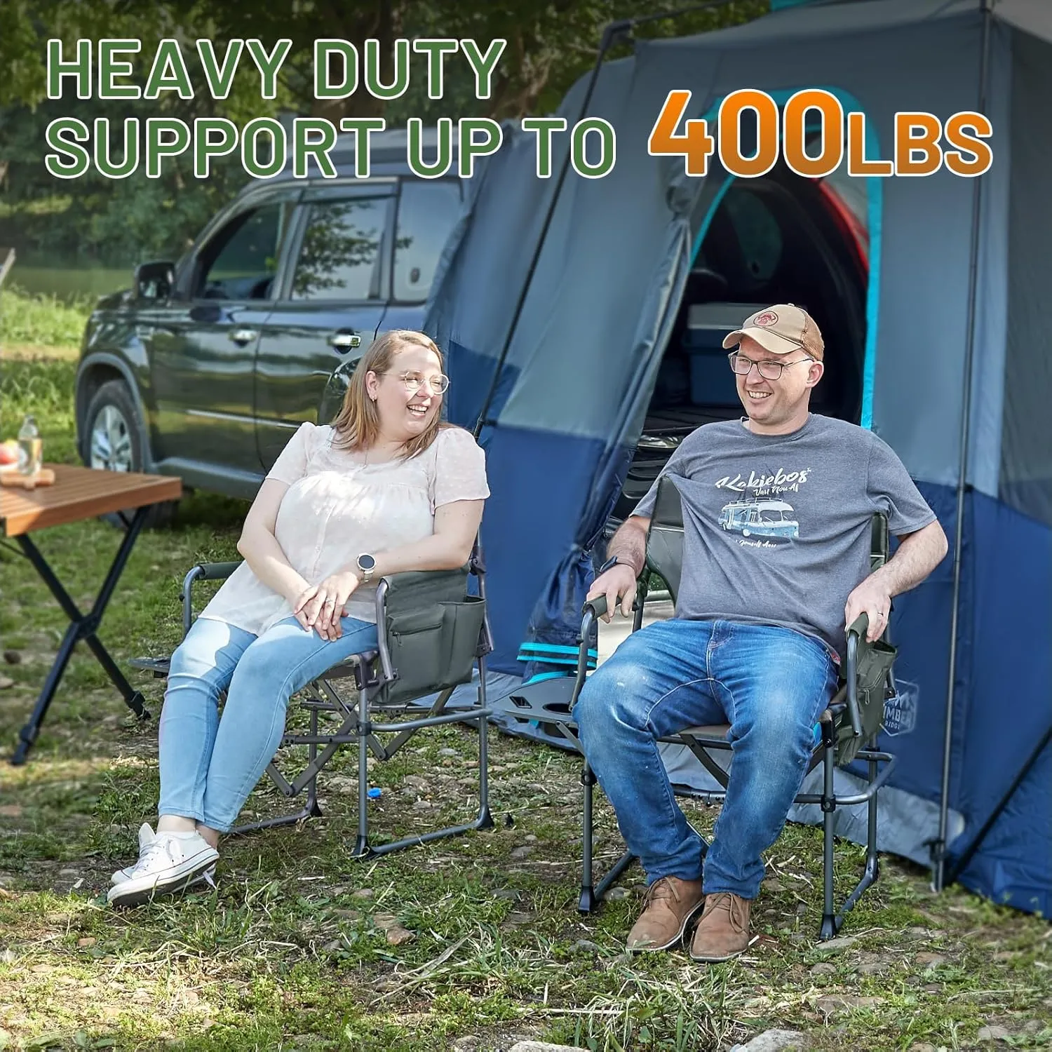 TIMBER RIDGE Heavy Duty Camping Chair with Compact Size, Portable Directors Chair with Side Table and Pocket for Camping, Lawn, Sports and Fishing, Supports Up to 400lbs, Grey
