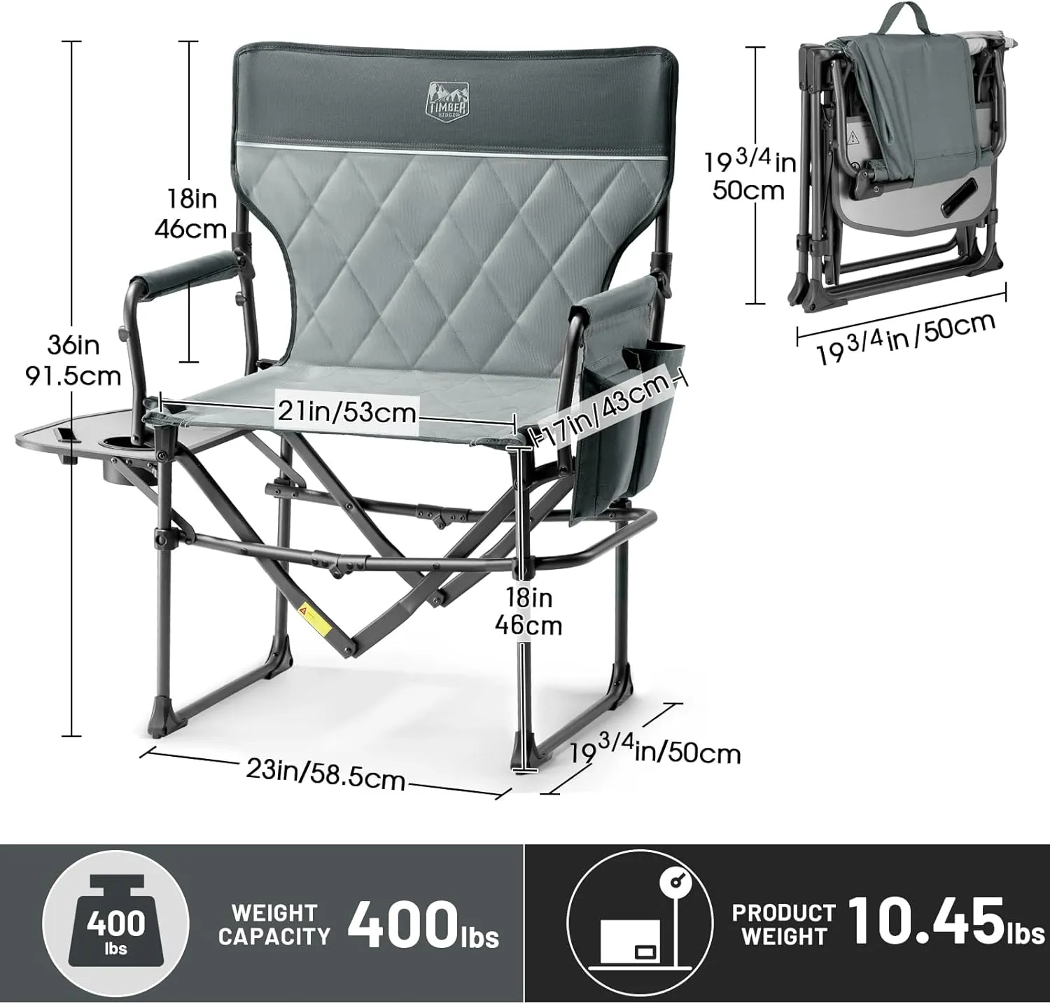 TIMBER RIDGE Heavy Duty Camping Chair with Compact Size, Portable Directors Chair with Side Table and Pocket for Camping, Lawn, Sports and Fishing, Supports Up to 400lbs, Grey