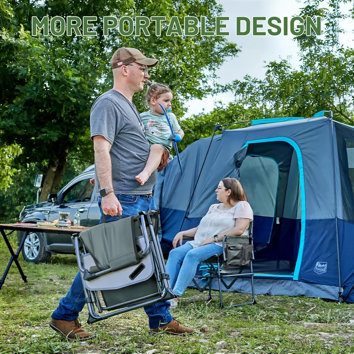 TIMBER RIDGE Heavy Duty Camping Chair with Compact Size, Portable Directors Chair with Side Table and Pocket for Camping, Lawn, Sports and Fishing, Supports Up to 400lbs, Grey