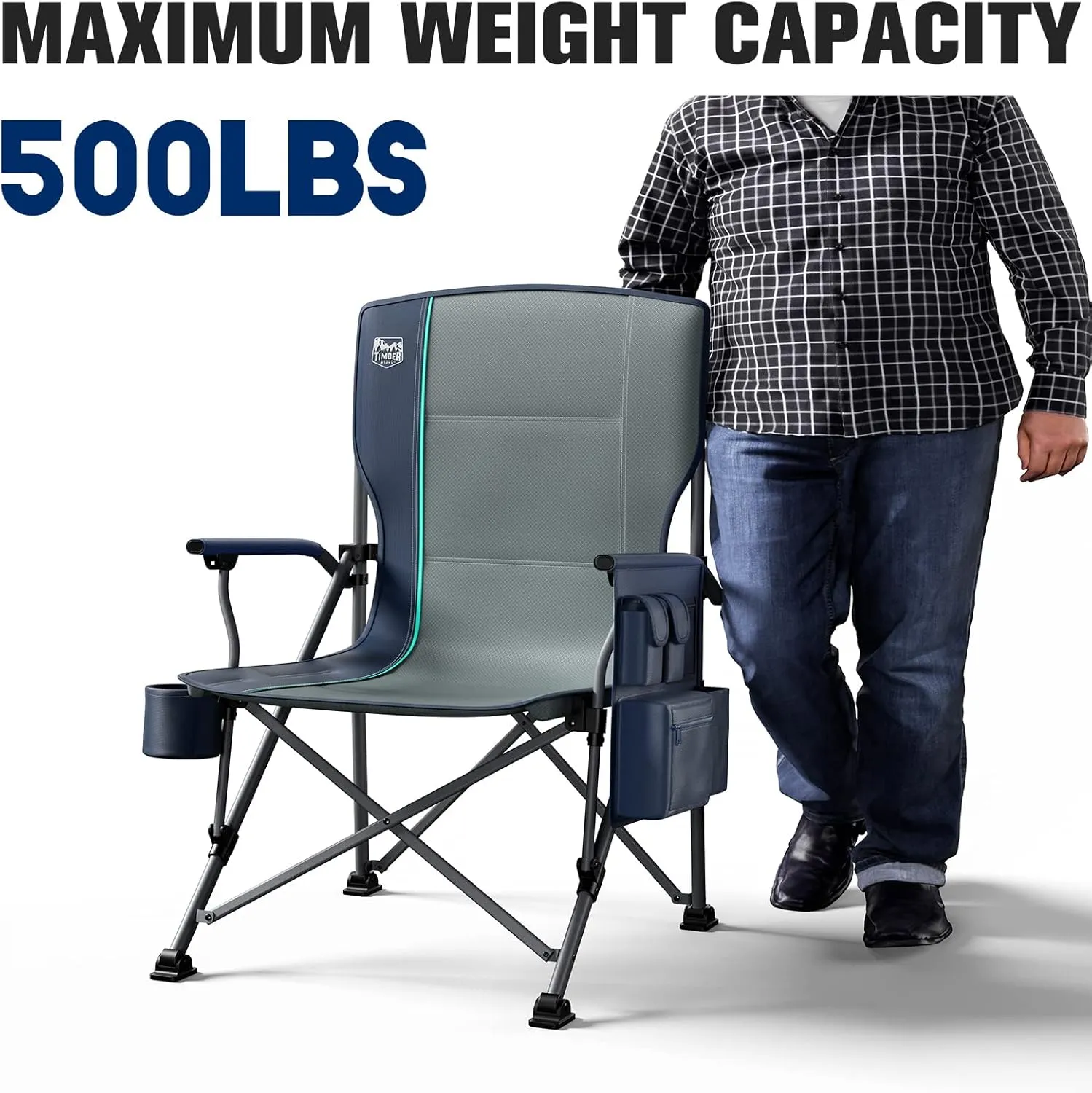 TIMBER RIDGE Oversized Folding Camping Chair High Back Heavy Duty for Adults Support up to 500lbs with Cup Holder, Side Pocket Cooler Bag 2 Pack