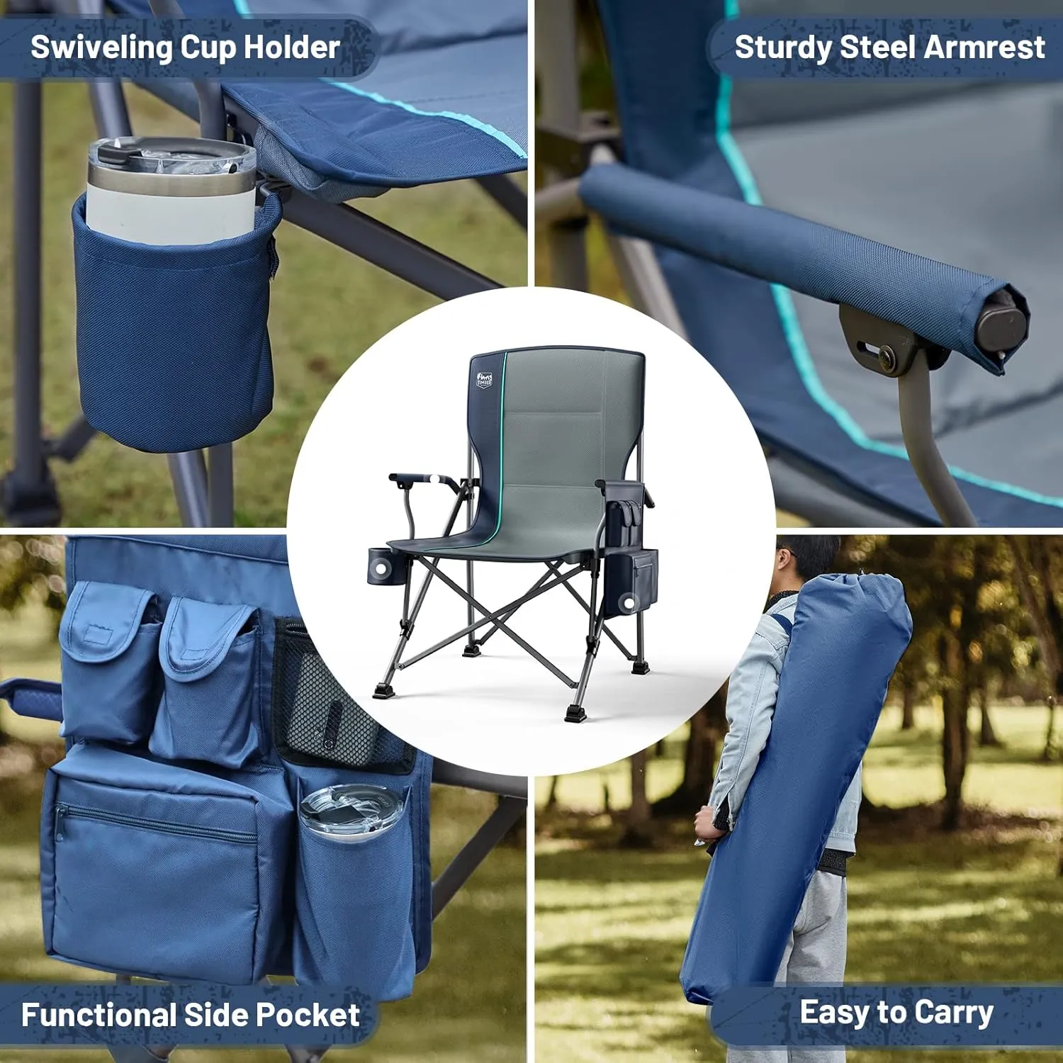 TIMBER RIDGE Oversized Folding Camping Chair High Back Heavy Duty for Adults Support up to 500lbs with Cup Holder, Side Pocket Cooler Bag 2 Pack