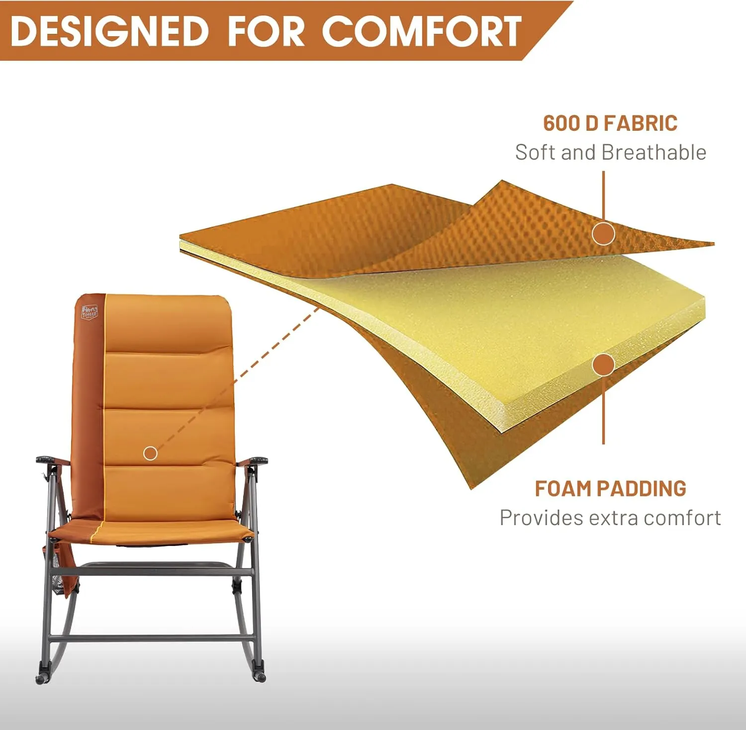TIMBER RIDGE Oversized Folding Rocking Camping Chair, Padded Outdoor Rocker with High Back, Portable Outdoor Chair for Patio, Garden, Lawn, Supports up to 400 lbs, Orange, 2 Pack