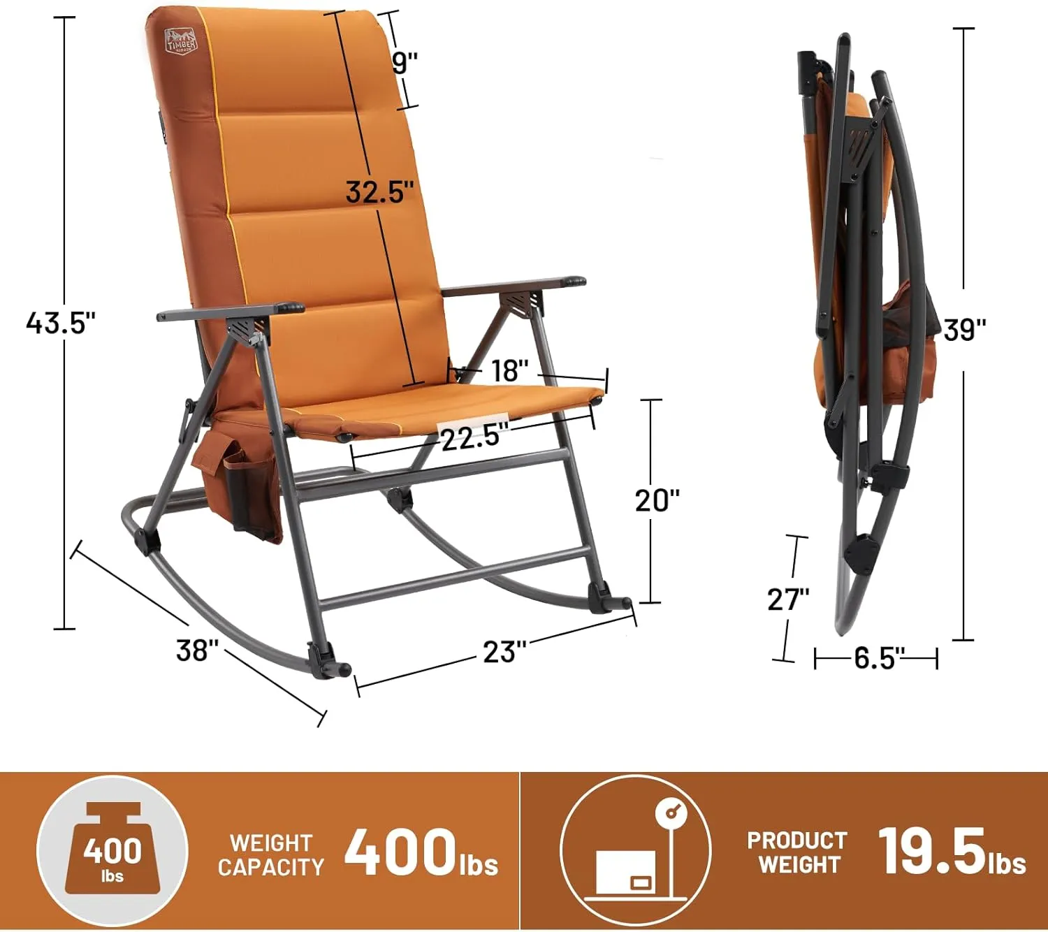 TIMBER RIDGE Oversized Folding Rocking Camping Chair, Padded Outdoor Rocker with High Back, Portable Outdoor Chair for Patio, Garden, Lawn, Supports up to 400 lbs, Orange, 2 Pack