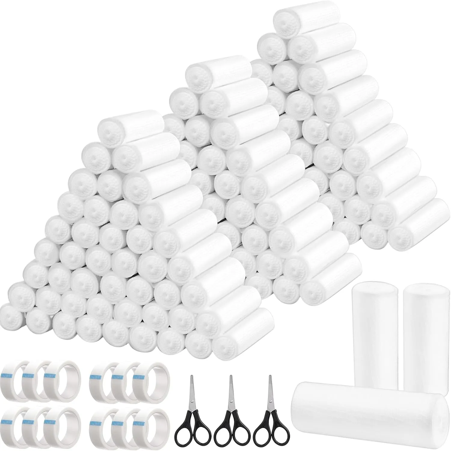 Timgle 120 Pack Gauze Rolls Bandages Set 4 in x 4.1 Yards Stretch Bandage White Rolled Breathable Gauze Wrap with 12 Non Woven Tape and 3 Black Scissors for Wound Care First Aid Supplies