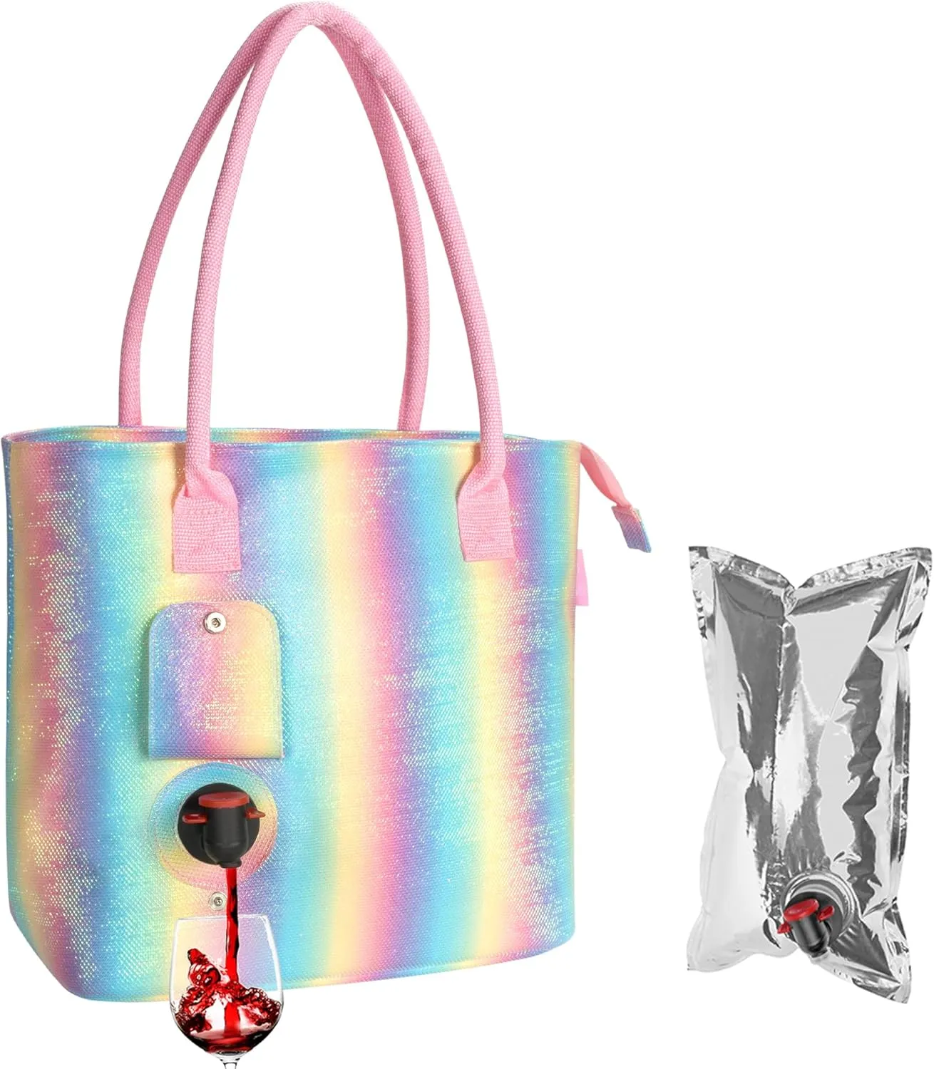 Tirrinia Wine Purse Beach Bag with Hidden Dispenser, Insulated Large Wine Travel Cooler with Wine Bladder – Perfect Wine Gift for Travel, BYOB, Concerts, Sports Events, Pool & Beach,Rainbown
