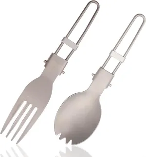 Titanium 2PCS Camping Utensil Set,Portable Folding Cutlery Spork Fork Spoon, for Camping Outdoor Travel Use, Silver