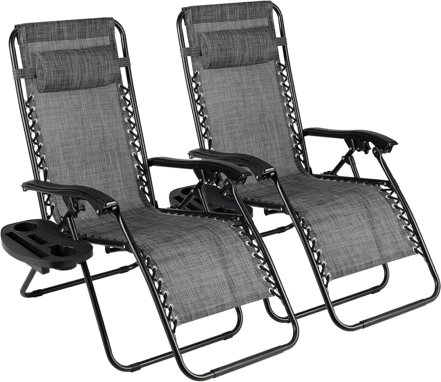 TLSUNNY Zero Gravity Chair Set of 2, Outdoor Folding Lounge W/Detachable Headrest & Holder Tray, Adjustable Textilene Lawn Reclining, No Assembly Required, for Patio, Backyard, Garden, 330LBS (Grey)