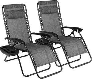 TLSUNNY Zero Gravity Chair Set of 2, Outdoor Folding Lounge W/Detachable Headrest & Holder Tray, Adjustable Textilene Lawn Reclining, No Assembly Required, for Patio, Backyard, Garden, 330LBS (Grey)
