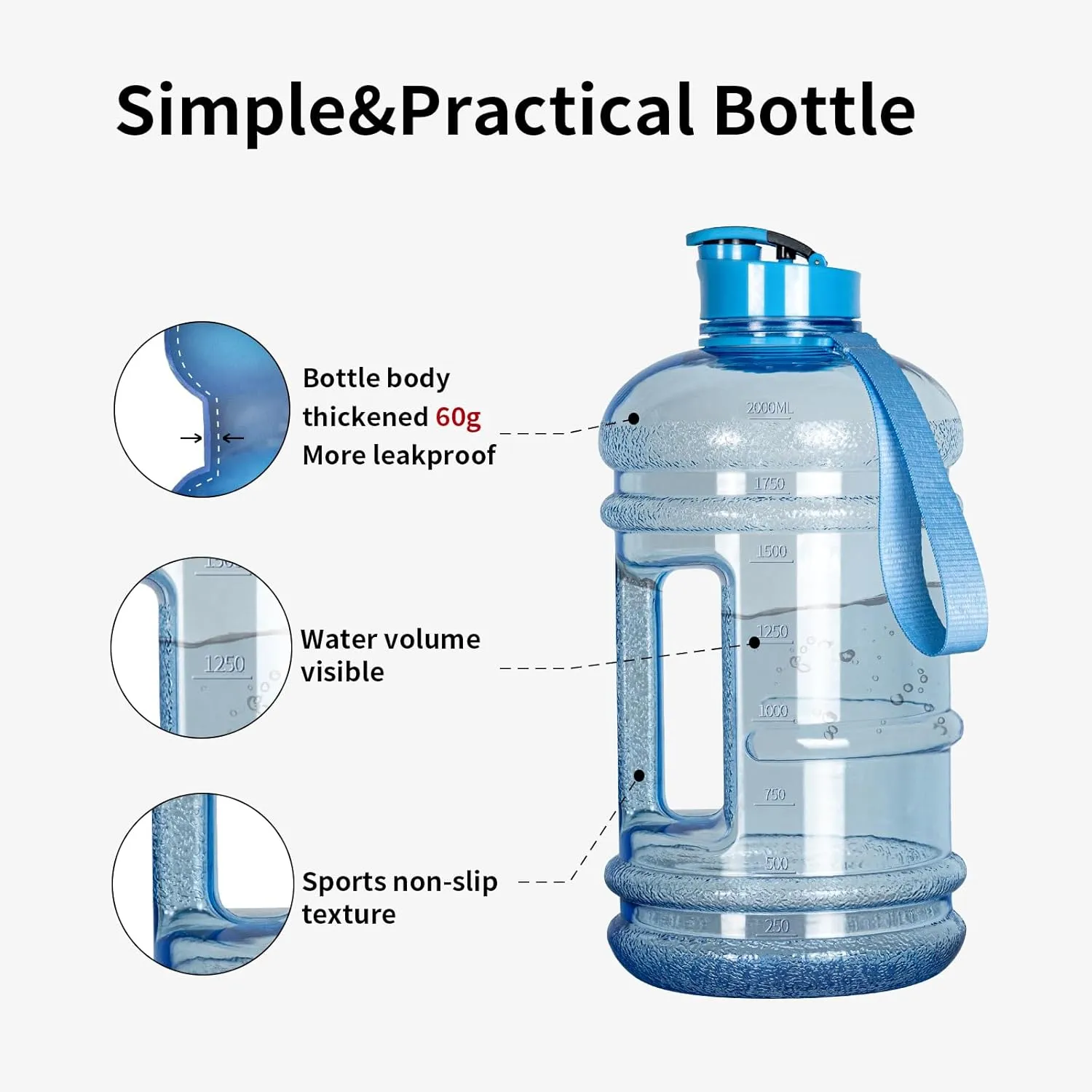 TOOFEEL 2.2 Liters Gym Big Sports Water Bottles for Men - Reusable BPA Free Plastic Clear Water Jug - Unique Water Bottles, Comfurtable to Touch and Easy to Clearn - Transparent Light Blue