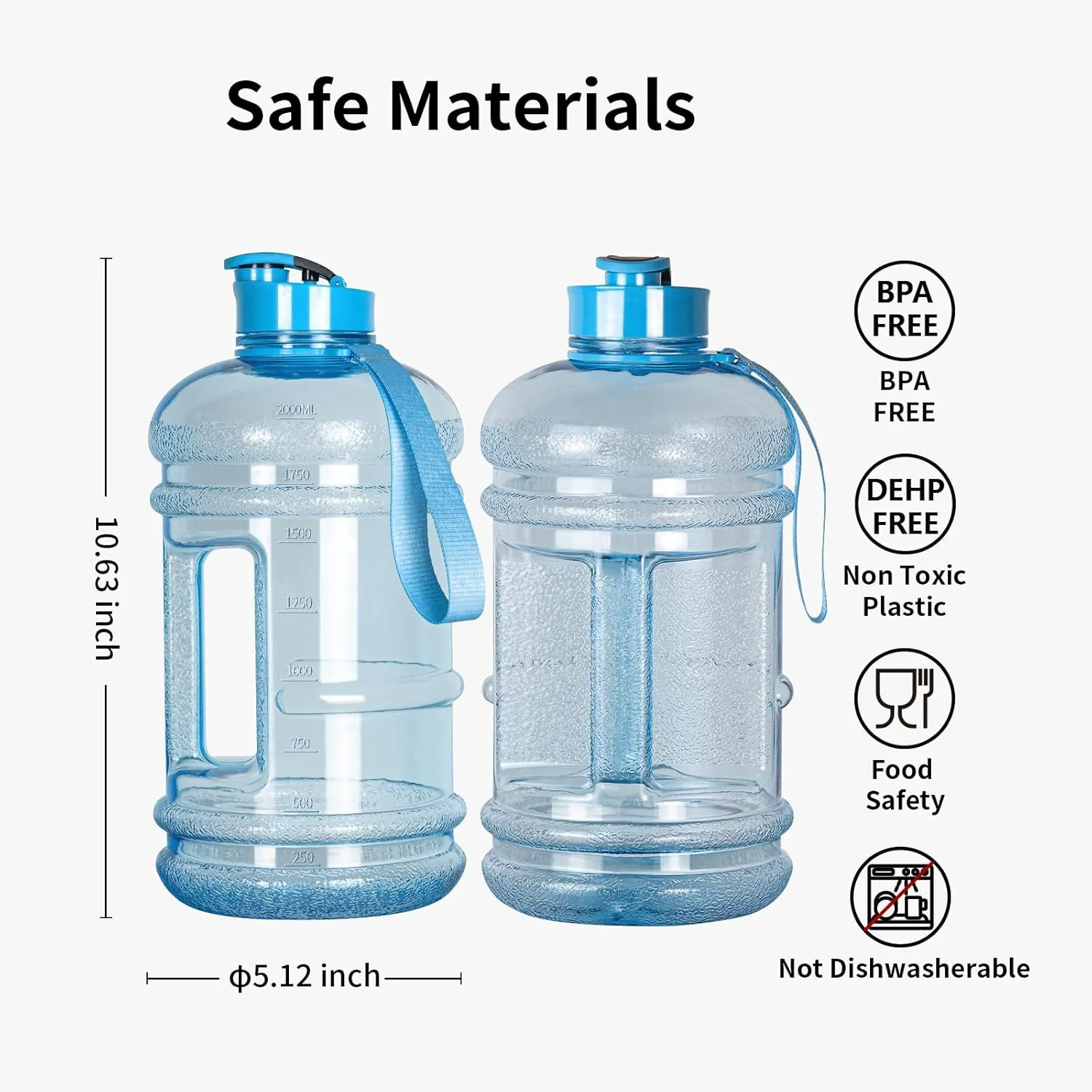 TOOFEEL 2.2 Liters Gym Big Sports Water Bottles for Men - Reusable BPA Free Plastic Clear Water Jug - Unique Water Bottles, Comfurtable to Touch and Easy to Clearn - Transparent Light Blue