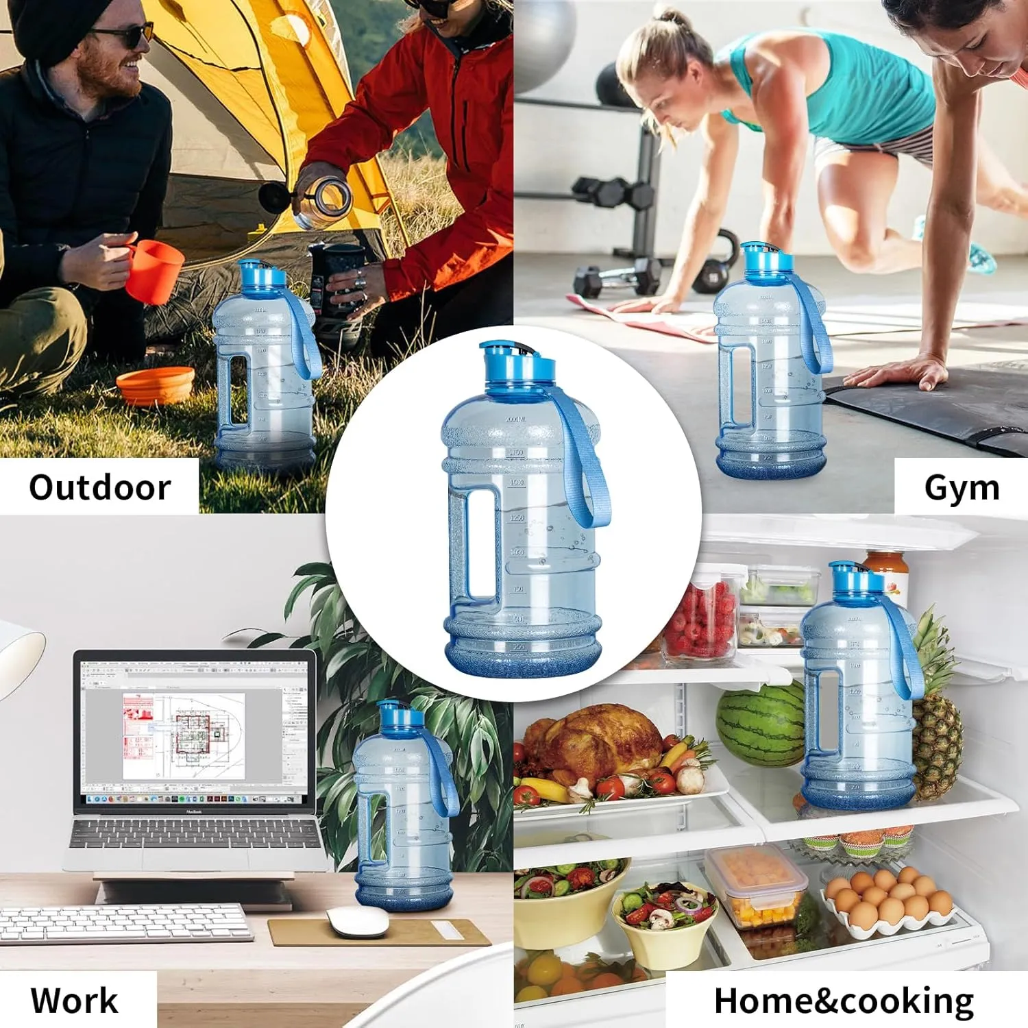 TOOFEEL 2.2 Liters Gym Big Sports Water Bottles for Men - Reusable BPA Free Plastic Clear Water Jug - Unique Water Bottles, Comfurtable to Touch and Easy to Clearn - Transparent Light Blue