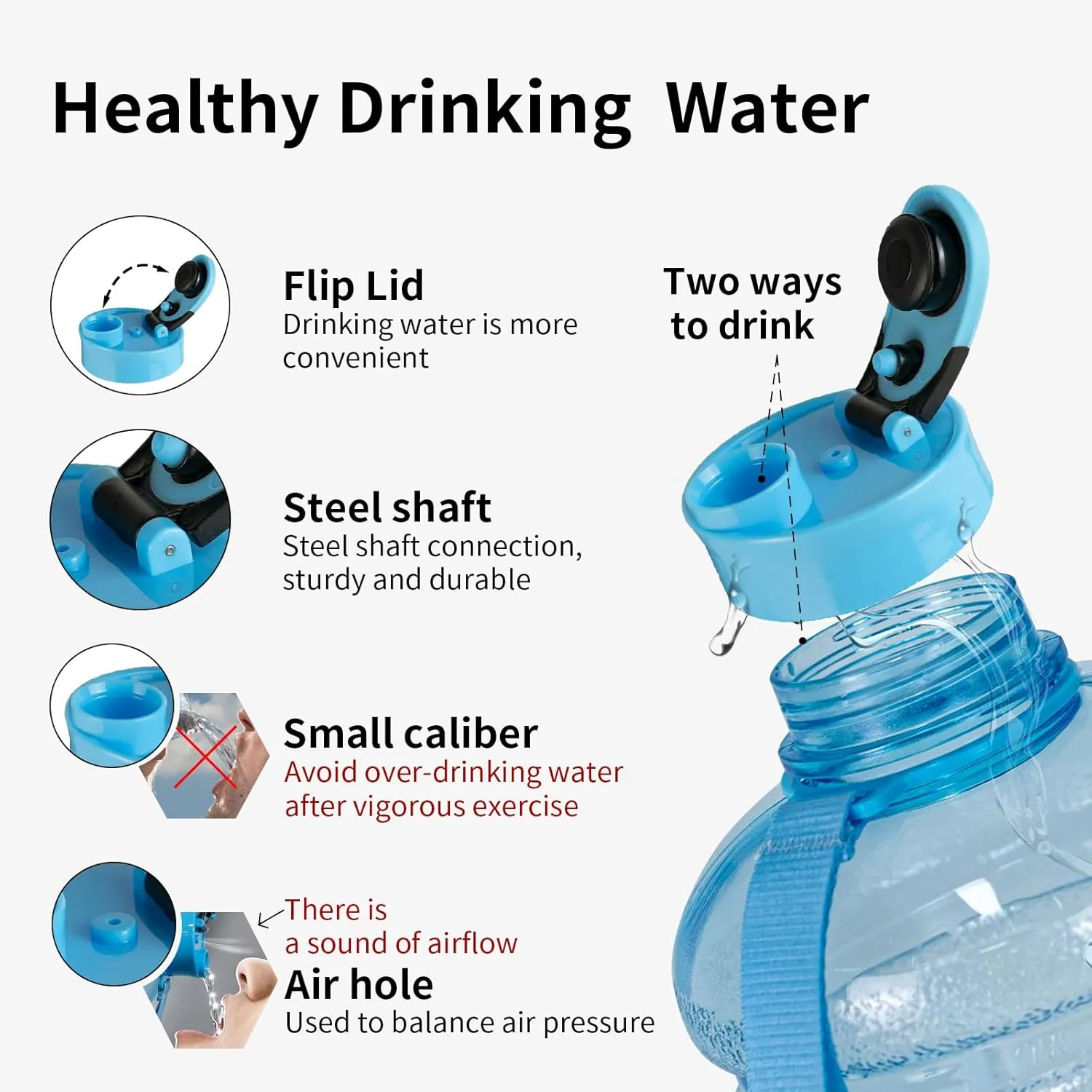 TOOFEEL 2.2 Liters Gym Big Sports Water Bottles for Men - Reusable BPA Free Plastic Clear Water Jug - Unique Water Bottles, Comfurtable to Touch and Easy to Clearn - Transparent Light Blue