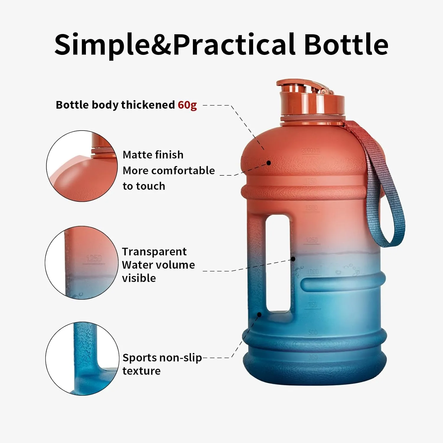 TOOFEEL 2.2 Litre / 74oz Athletic Water Bottle with Frosted Handle for Camping - Bike Bottle - Water Jugs For Drinking - Reusable Water Bottles - Dawn Colored Webbing Gradient Color Water Jug