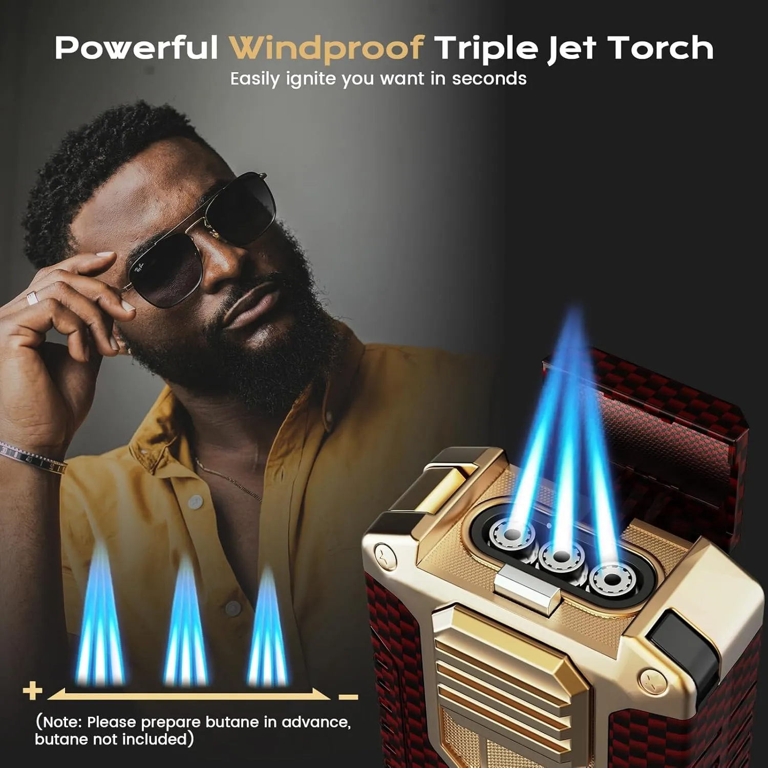 Torch Lighter, 5-in-1 Windproof Lighter with V Cutter, Punch, Needle, Holder, and Triple Jet Flames, Multifunctional Accessories with Gift Box, Cool Butane Lighter for Men (Without Butane)