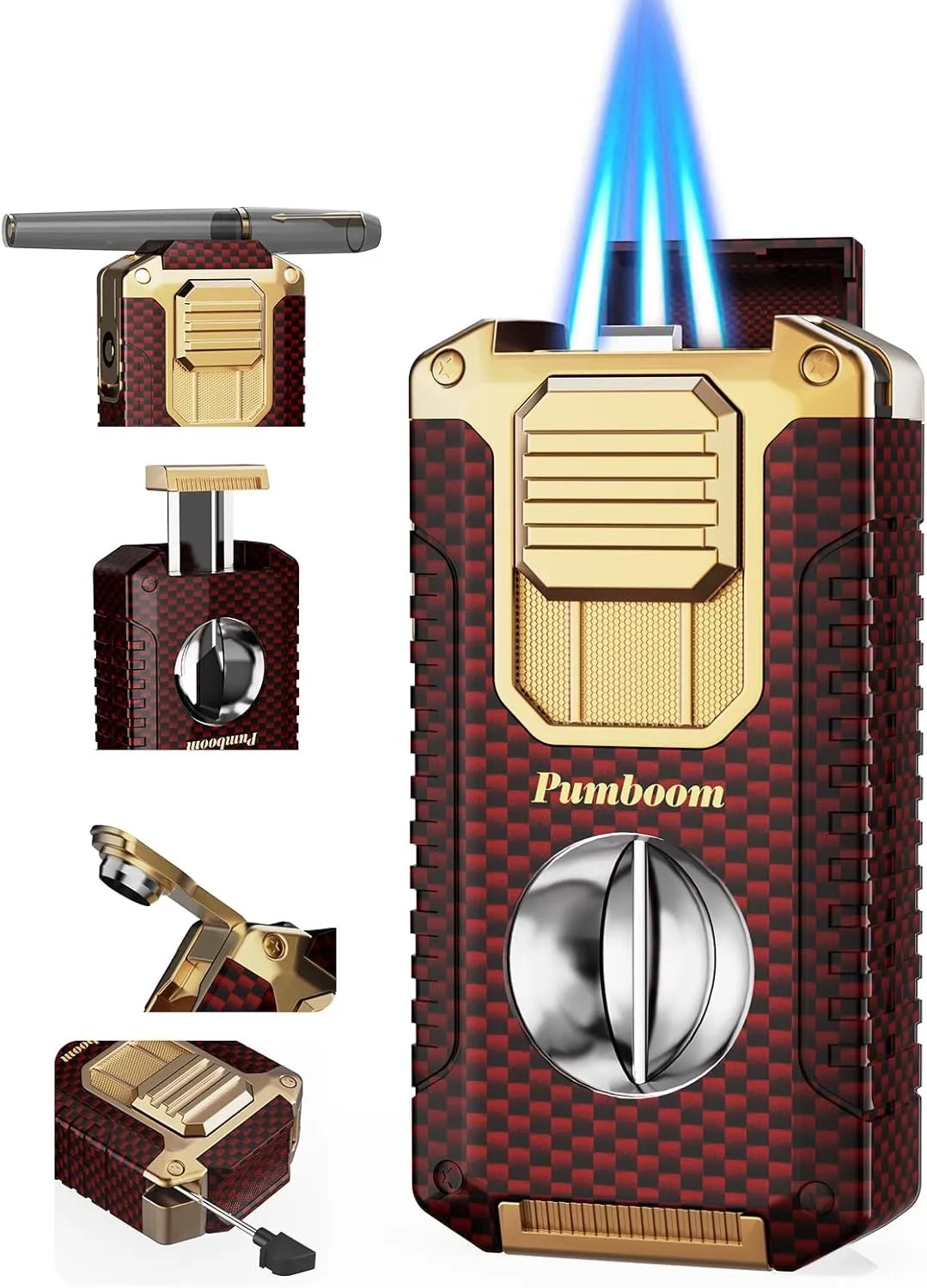 Torch Lighter, 5-in-1 Windproof Lighter with V Cutter, Punch, Needle, Holder, and Triple Jet Flames, Multifunctional Accessories with Gift Box, Cool Butane Lighter for Men (Without Butane)