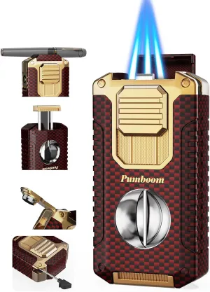 Torch Lighter, 5-in-1 Windproof Lighter with V Cutter, Punch, Needle, Holder, and Triple Jet Flames, Multifunctional Accessories with Gift Box, Cool Butane Lighter for Men (Without Butane)