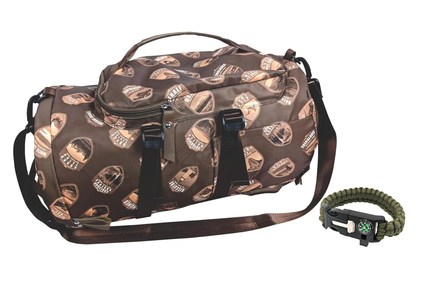 Travel bag with prints of national parks of America with Outdoor Bracelet Parachute Cord Hand band with Fire Starter emergency. Kamping Bag, Sports Duffel Bag
