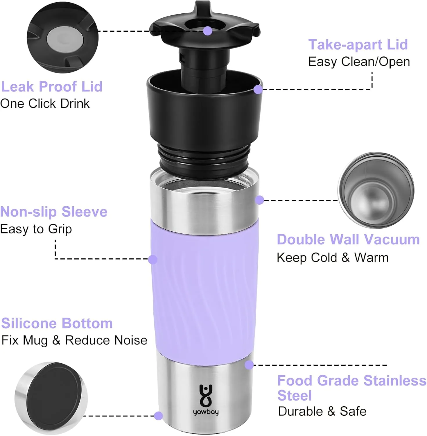 Travel Coffee Mug Spill Proof,17 Oz Travel Mug with 360°Drinking Lid,Double Wall Vacuum Insulated Coffee Travel Mug Stainless Steel Thermal Coffee Thermos Mugs for Hot and Cold Drinks(Light Purple)