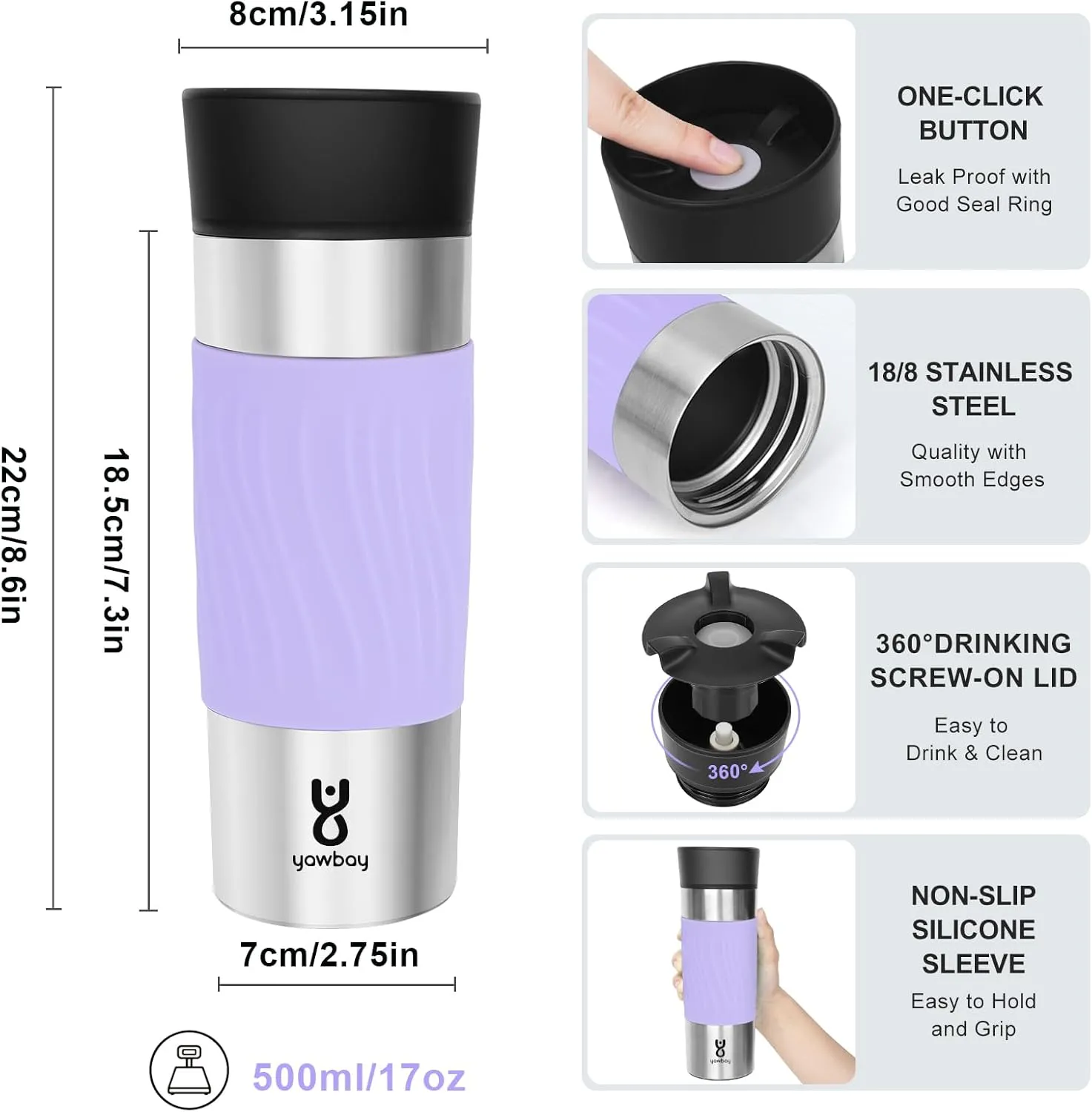 Travel Coffee Mug Spill Proof,17 Oz Travel Mug with 360°Drinking Lid,Double Wall Vacuum Insulated Coffee Travel Mug Stainless Steel Thermal Coffee Thermos Mugs for Hot and Cold Drinks(Light Purple)