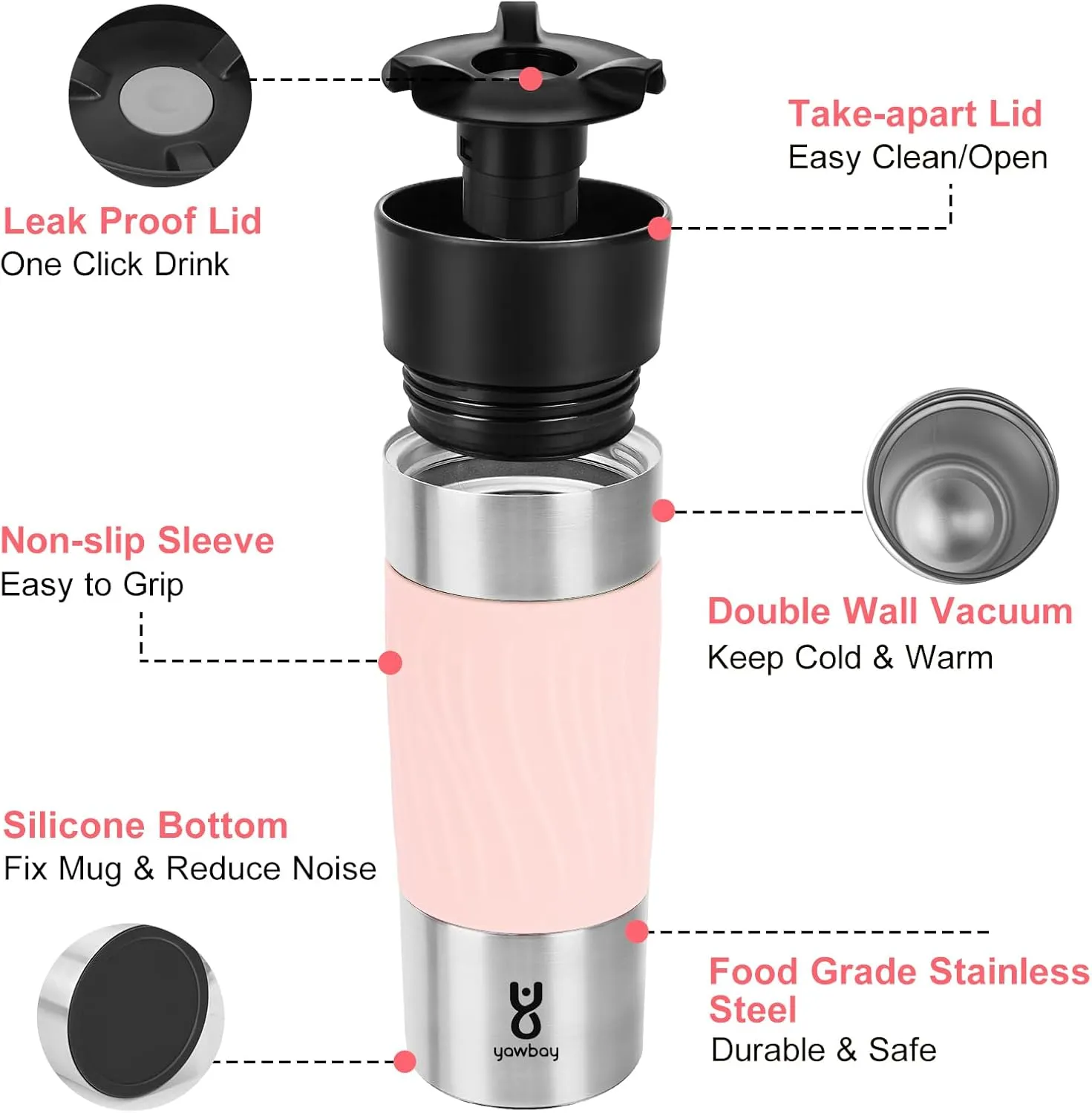 Travel Coffee Mug Spill Proof,17 Oz Travel Mug with 360°Drinking Lid,Double Wall Vacuum Insulated Coffee Travel Mug Stainless Steel Tumbler Thermal Coffee Thermos Mugs for Hot and Cold Drinks(Pink)