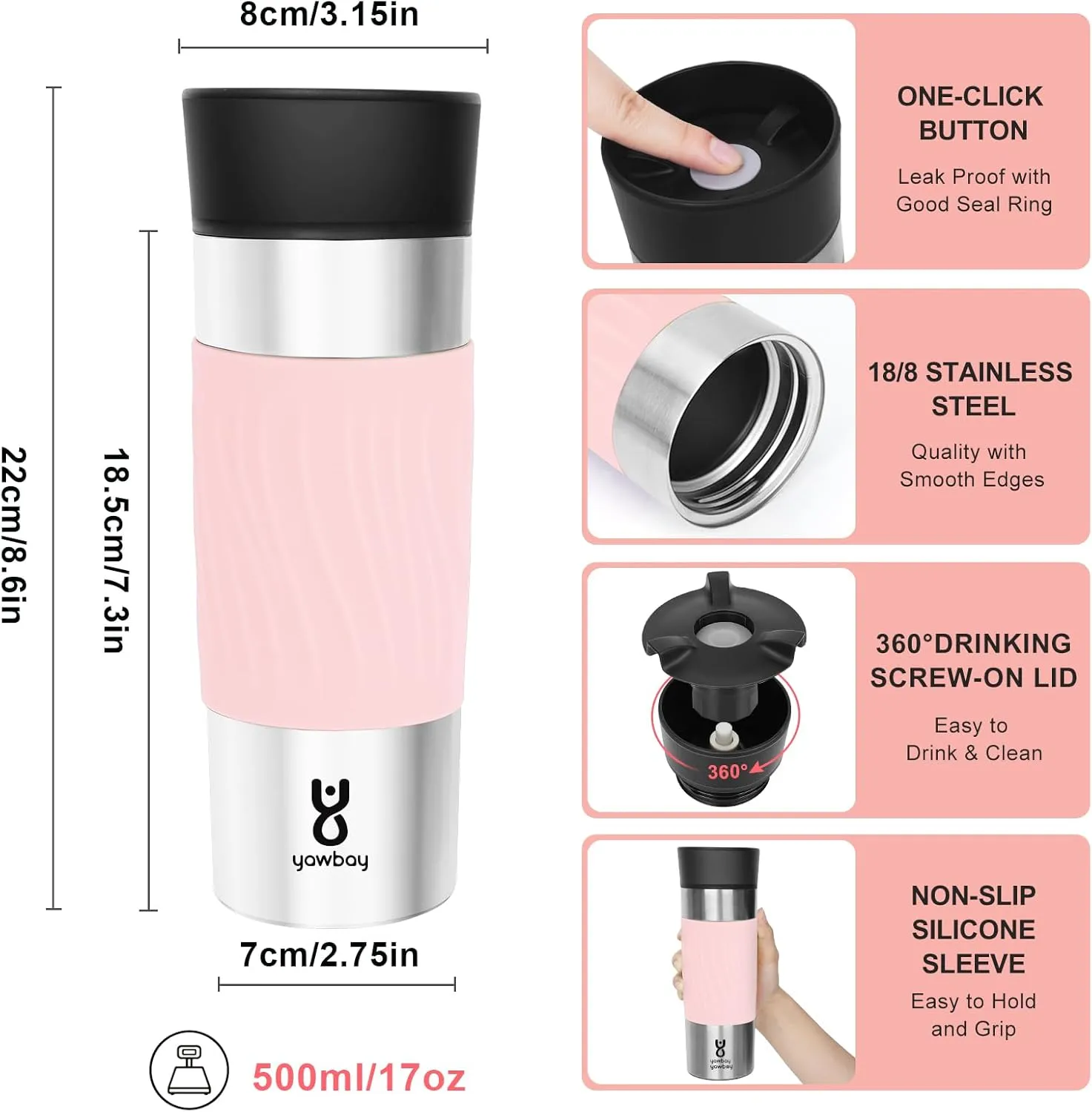 Travel Coffee Mug Spill Proof,17 Oz Travel Mug with 360°Drinking Lid,Double Wall Vacuum Insulated Coffee Travel Mug Stainless Steel Tumbler Thermal Coffee Thermos Mugs for Hot and Cold Drinks(Pink)