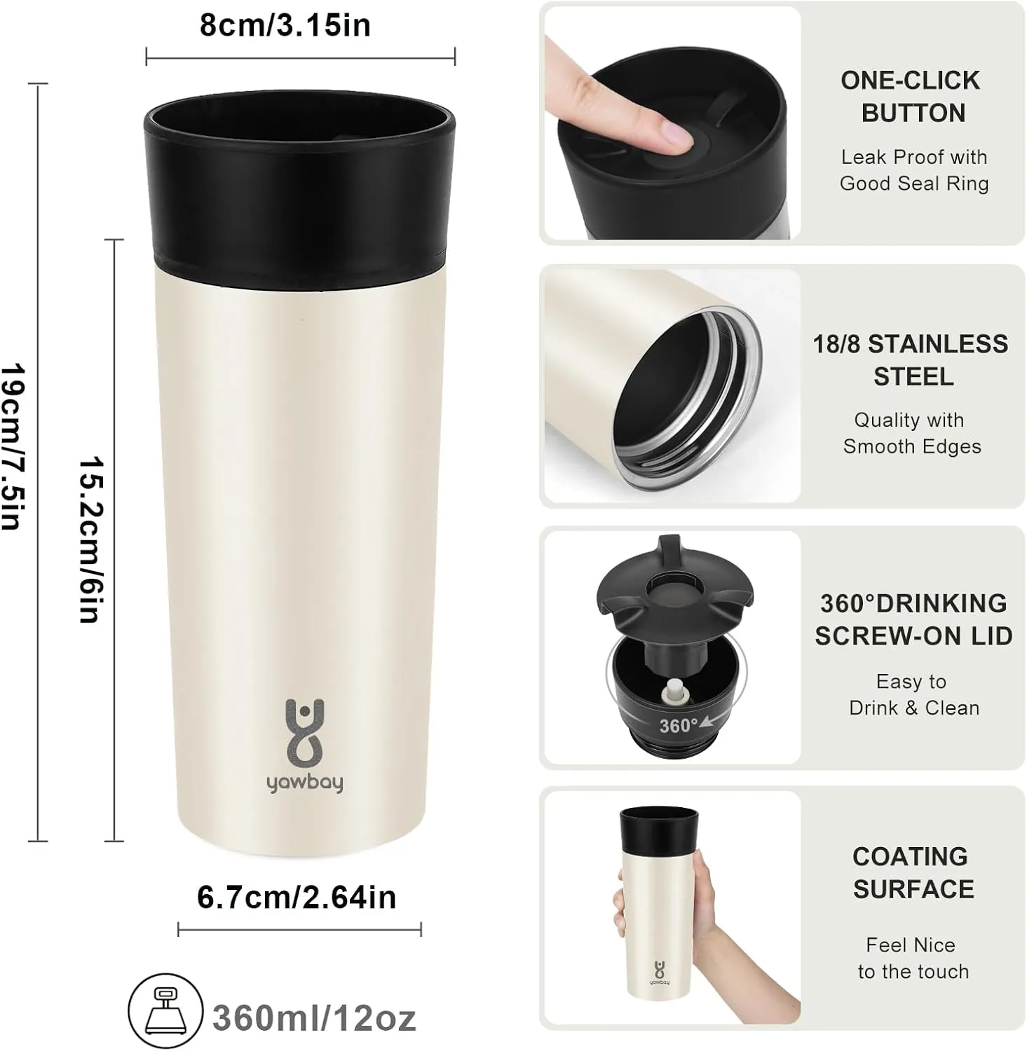 Travel Coffee Mug Spill Proof,Upgraded 12 Oz Travel Mug with 360°Drinking Lid,Double Wall Vacuum Insulated Coffee Travel Mug Stainless Steel Tumbler Thermal Coffee Mugs for Hot and Cold Drinks(Beige)