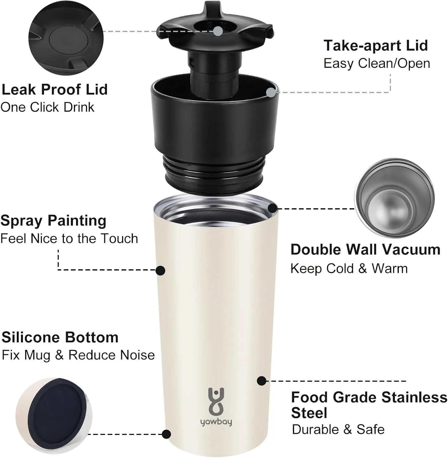 Travel Coffee Mug Spill Proof,Upgraded 12 Oz Travel Mug with 360°Drinking Lid,Double Wall Vacuum Insulated Coffee Travel Mug Stainless Steel Tumbler Thermal Coffee Mugs for Hot and Cold Drinks(Beige)