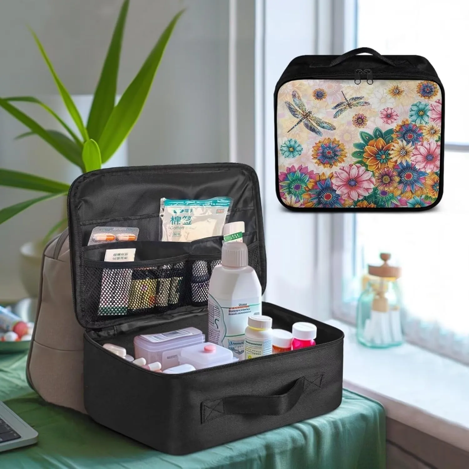 Travel Size First Aid Bag Empty Dragonfly Flowers Medical Bag Empty Medium First Aid Pouch Portable Medical Bag First Aid Pouch for School Car Outdoor Camping Hiking Travel