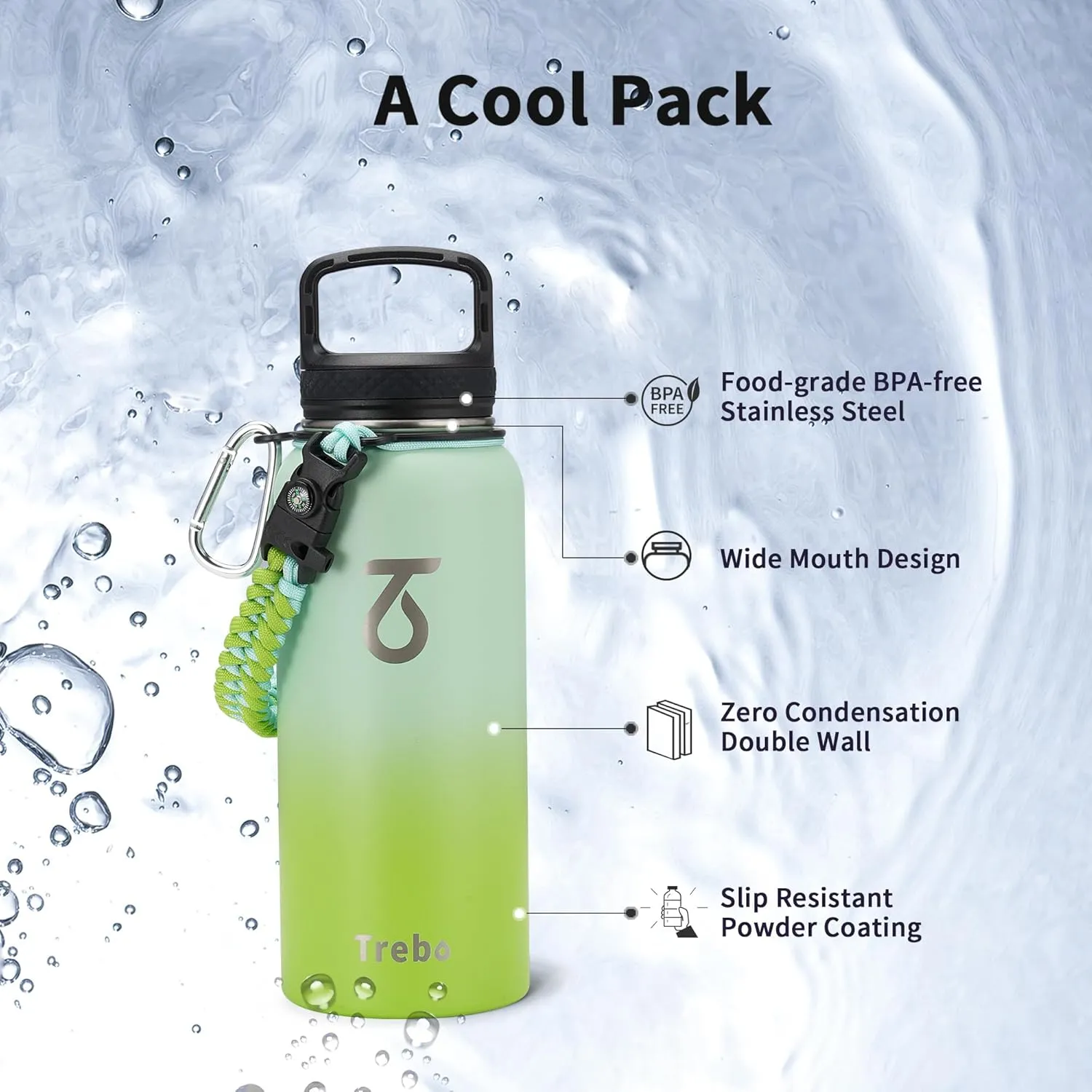 Trebo 32 oz Water Bottle Insulated with Lid and Straw, Double Wall Vacuum Stainless Steel Thermos Sports Flask with Paracord Handle, Keep Hot 24 Hours & Cold 48 Hours Water Cup with 3 Lids, Dark Green