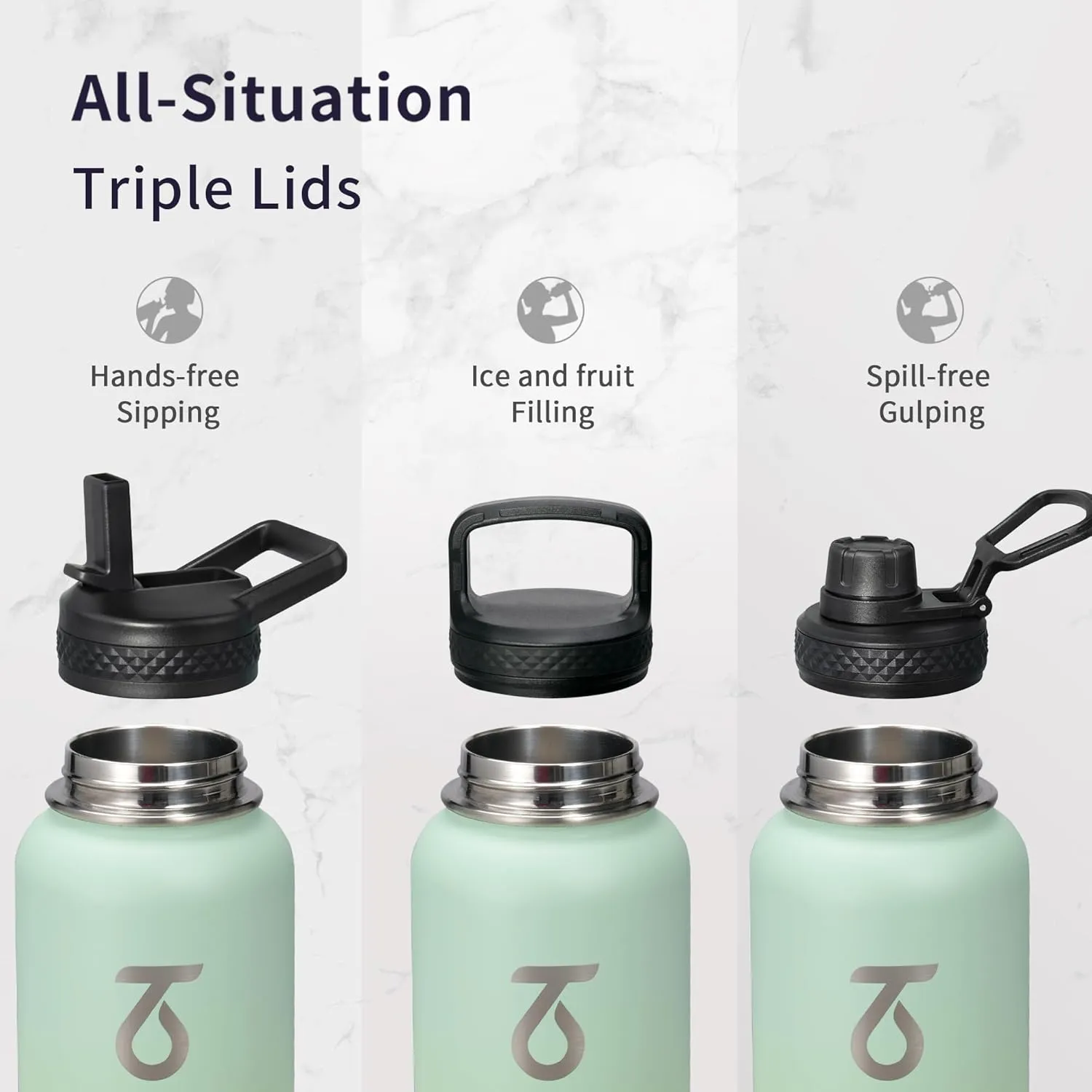 Trebo 32 oz Water Bottle Insulated with Lid and Straw, Double Wall Vacuum Stainless Steel Thermos Sports Flask with Paracord Handle, Keep Hot 24 Hours & Cold 48 Hours Water Cup with 3 Lids, Dark Green