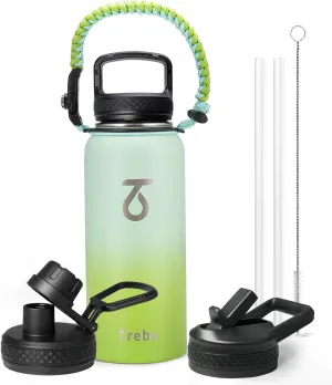 Trebo 32 oz Water Bottle Insulated with Lid and Straw, Double Wall Vacuum Stainless Steel Thermos Sports Flask with Paracord Handle, Keep Hot 24 Hours & Cold 48 Hours Water Cup with 3 Lids, Dark Green