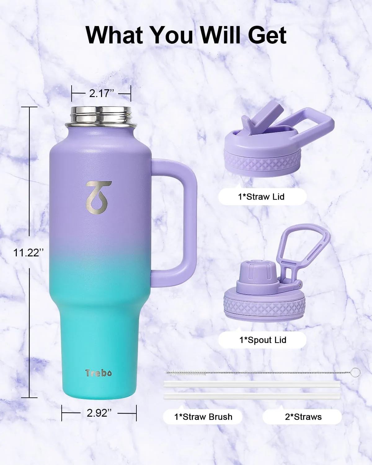 Trebo 40 oz Water Bottle Insulated Fit Car Cup Holder with Handle, Stainless Steel Water Bottles Tumbler with Spout Straw Lids, Double Wall Travel Reusable Flask, Leakproof Mug,Keep Cold &Hot,Purple