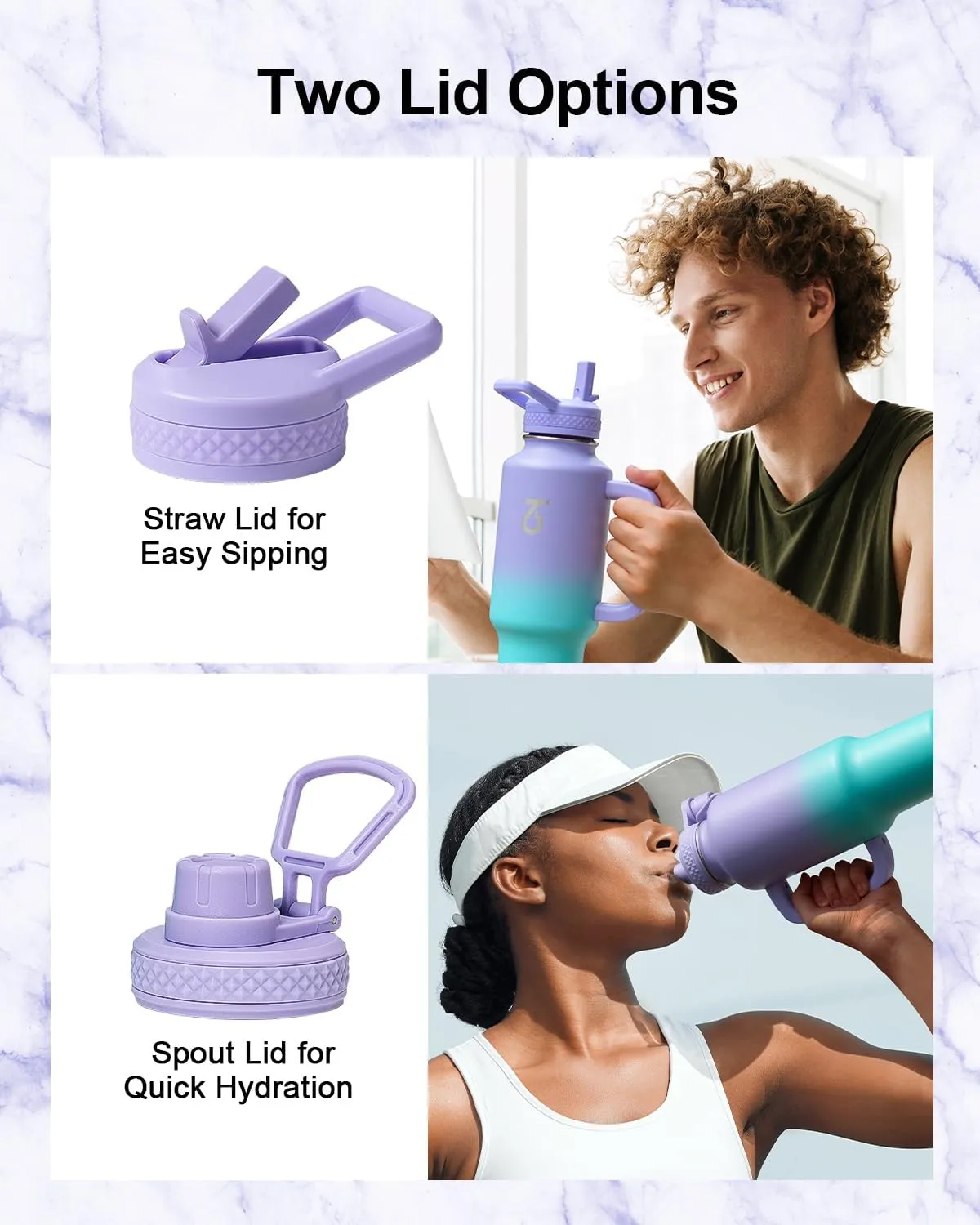 Trebo 40 oz Water Bottle Insulated Fit Car Cup Holder with Handle, Stainless Steel Water Bottles Tumbler with Spout Straw Lids, Double Wall Travel Reusable Flask, Leakproof Mug,Keep Cold &Hot,Purple