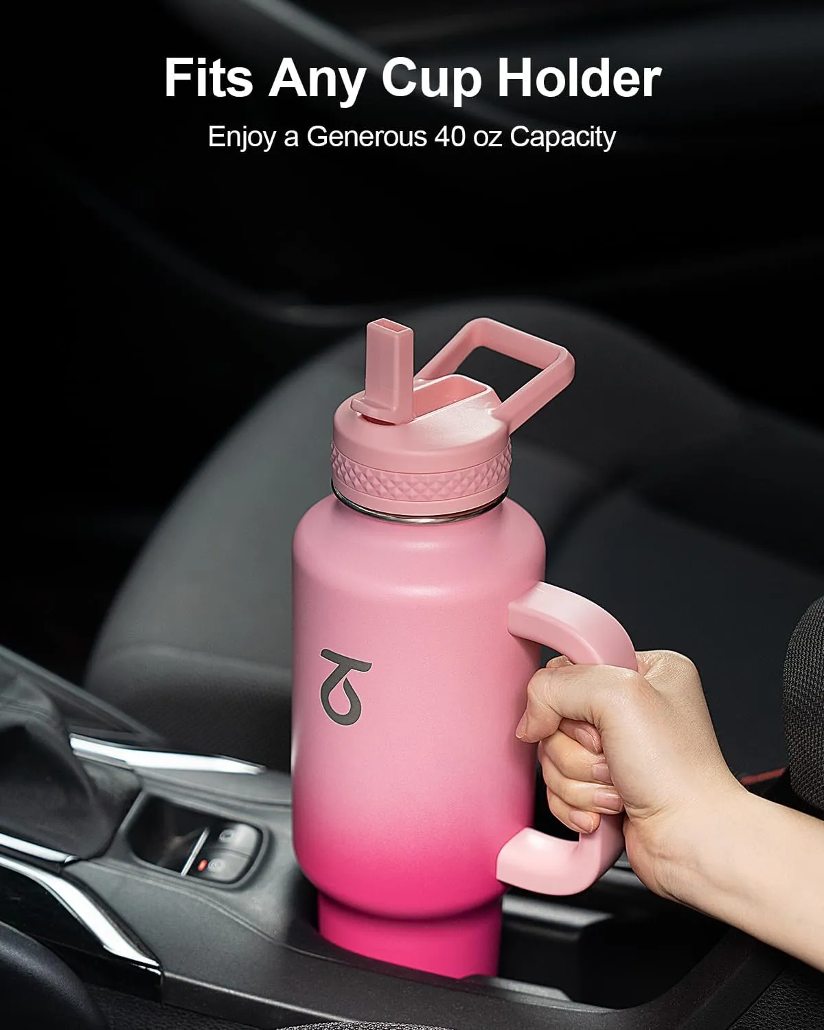 Trebo 40 oz Water Bottle Insulated with Handle, Leakproof Keep 24hrs Cold &Hot,Stainless Steel Travel Tumbler that Fits in Car Cup Holder with Straw Lids,Pink Reusable Water Bottles for women