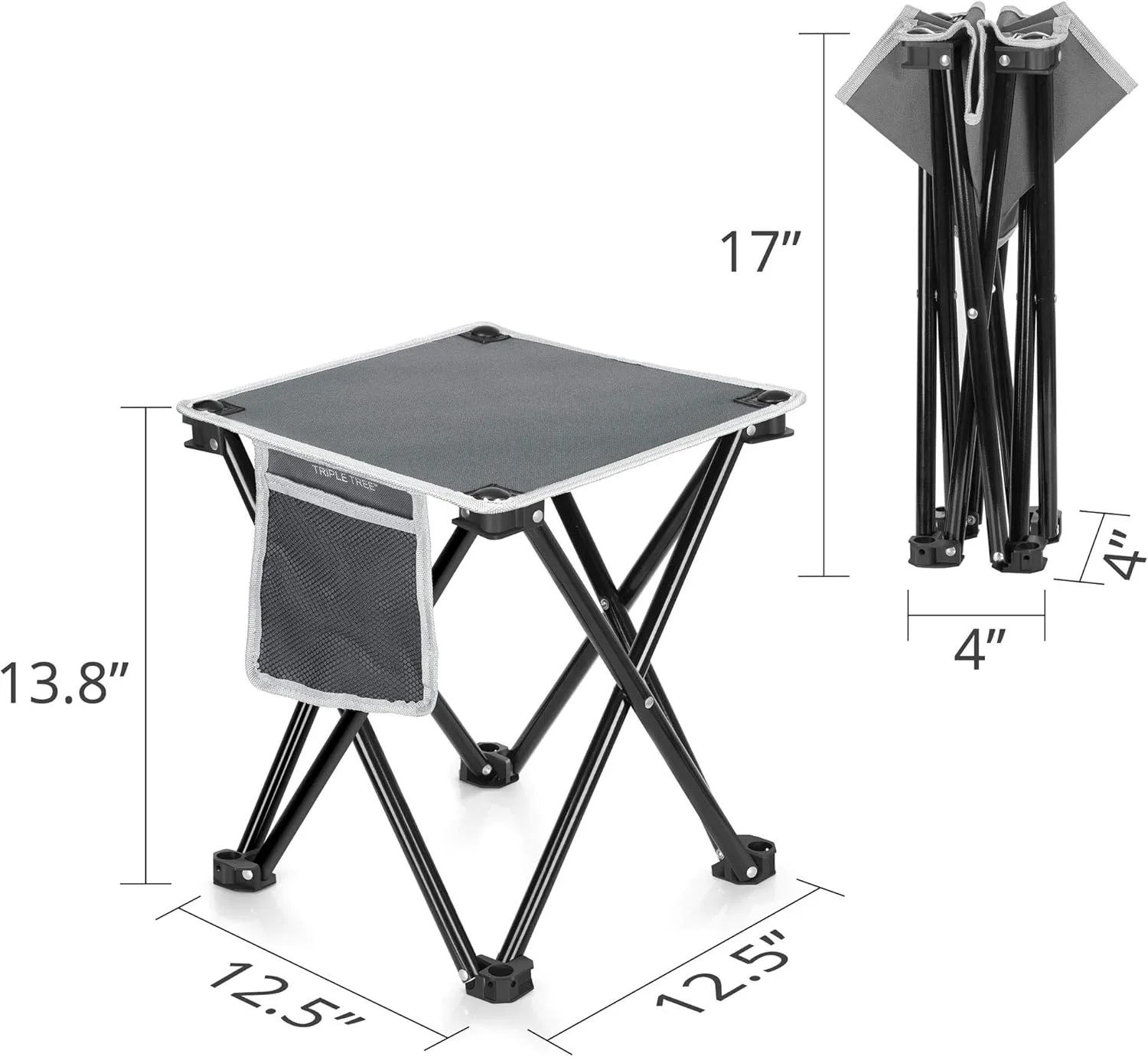 Triple Tree 2 Pack Folding Camping Stool, 13.8 Inch Small Portable Lightweight Stool with Side Pocket, Foot Stool with Carry Bag for Hiking, Fishing and Beach, Hold up to 400lbs, Grey