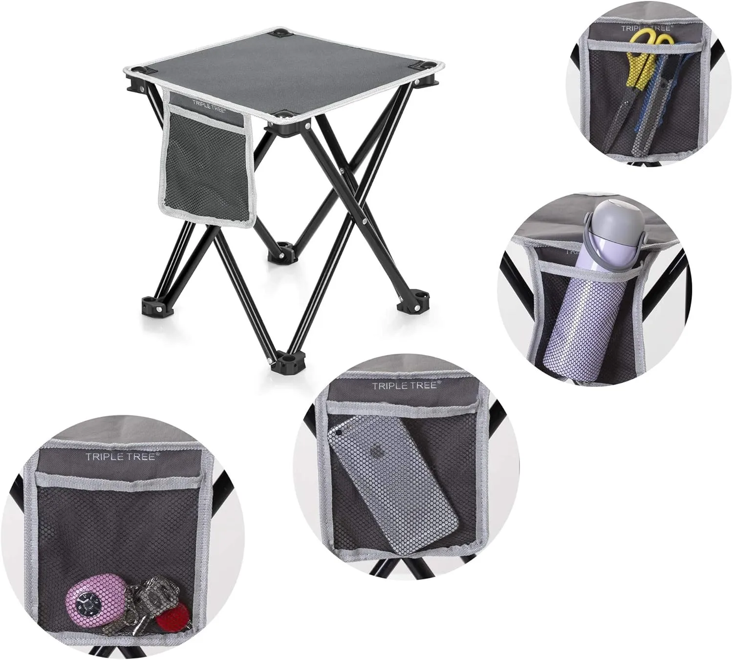 Triple Tree 2 Pack Folding Camping Stool, 13.8 Inch Small Portable Lightweight Stool with Side Pocket, Foot Stool with Carry Bag for Hiking, Fishing and Beach, Hold up to 400lbs, Grey