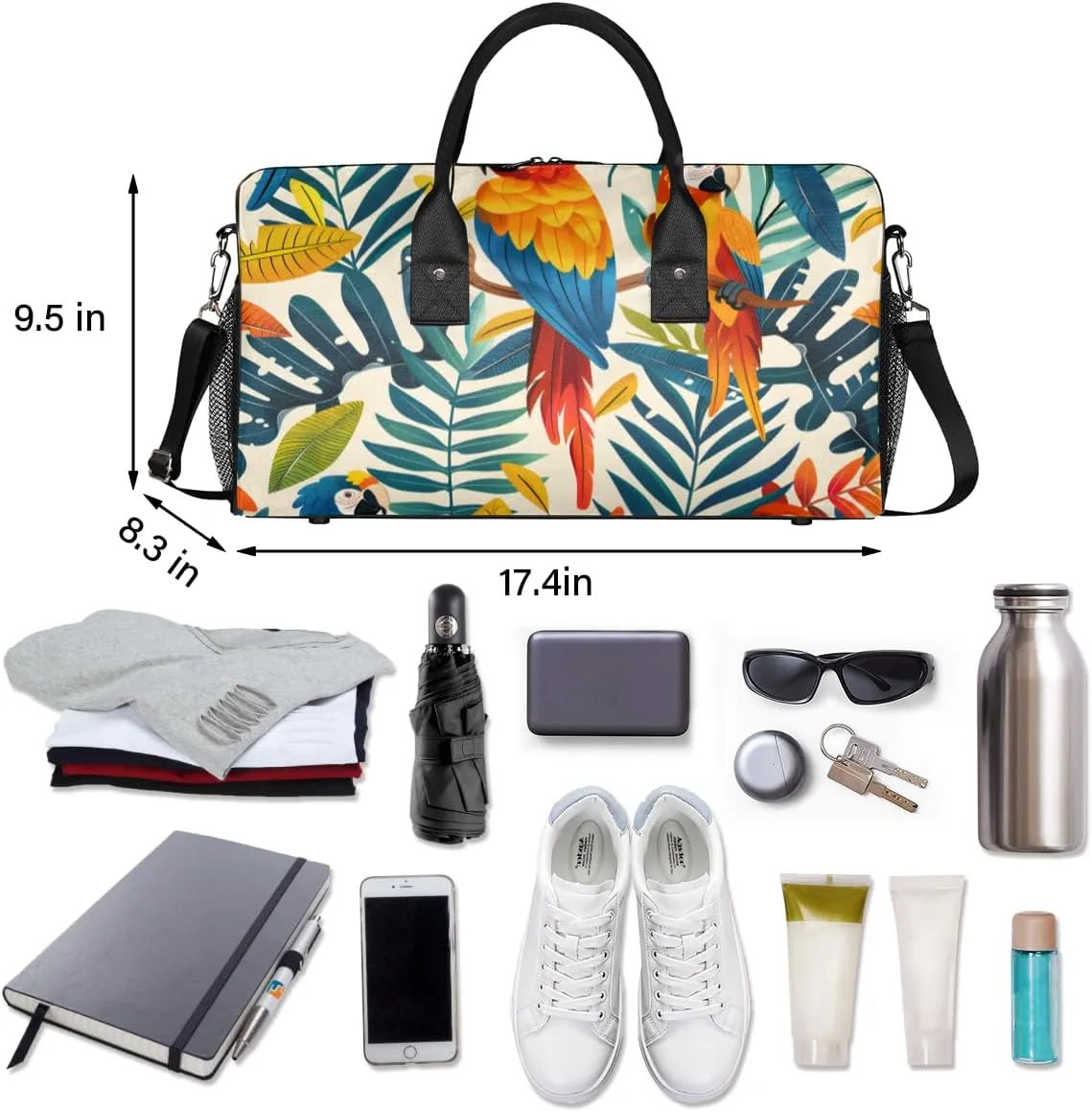 Tropical Parrots Travel Duffle Bag for Women Men Foldable Waterproof Weekender Bag Carry on Tote for Overnight Sports Gym Colored Bird Parrot