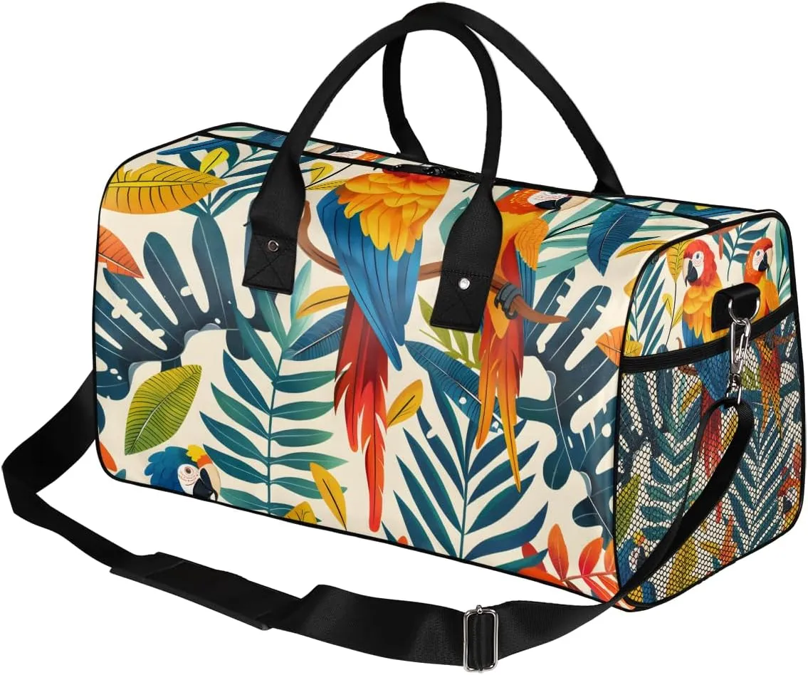 Tropical Parrots Travel Duffle Bag for Women Men Foldable Waterproof Weekender Bag Carry on Tote for Overnight Sports Gym Colored Bird Parrot