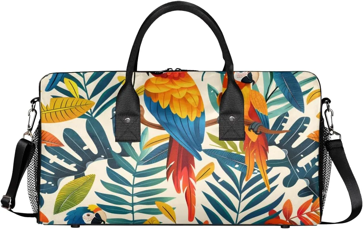 Tropical Parrots Travel Duffle Bag for Women Men Foldable Waterproof Weekender Bag Carry on Tote for Overnight Sports Gym Colored Bird Parrot