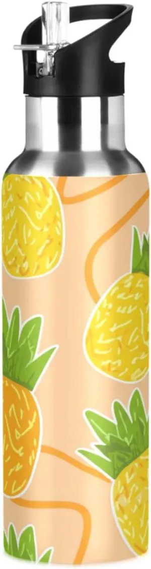 Tropical Pineapple Sports Water Bottle with Straw, 22oz BPA Free Stainless Steel Vacuum Insulated Bottle for Gym Fitness Outdoor