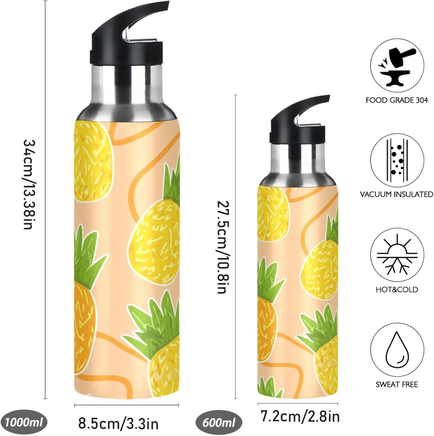 Tropical Pineapple Sports Water Bottle with Straw, 22oz BPA Free Stainless Steel Vacuum Insulated Bottle for Gym Fitness Outdoor
