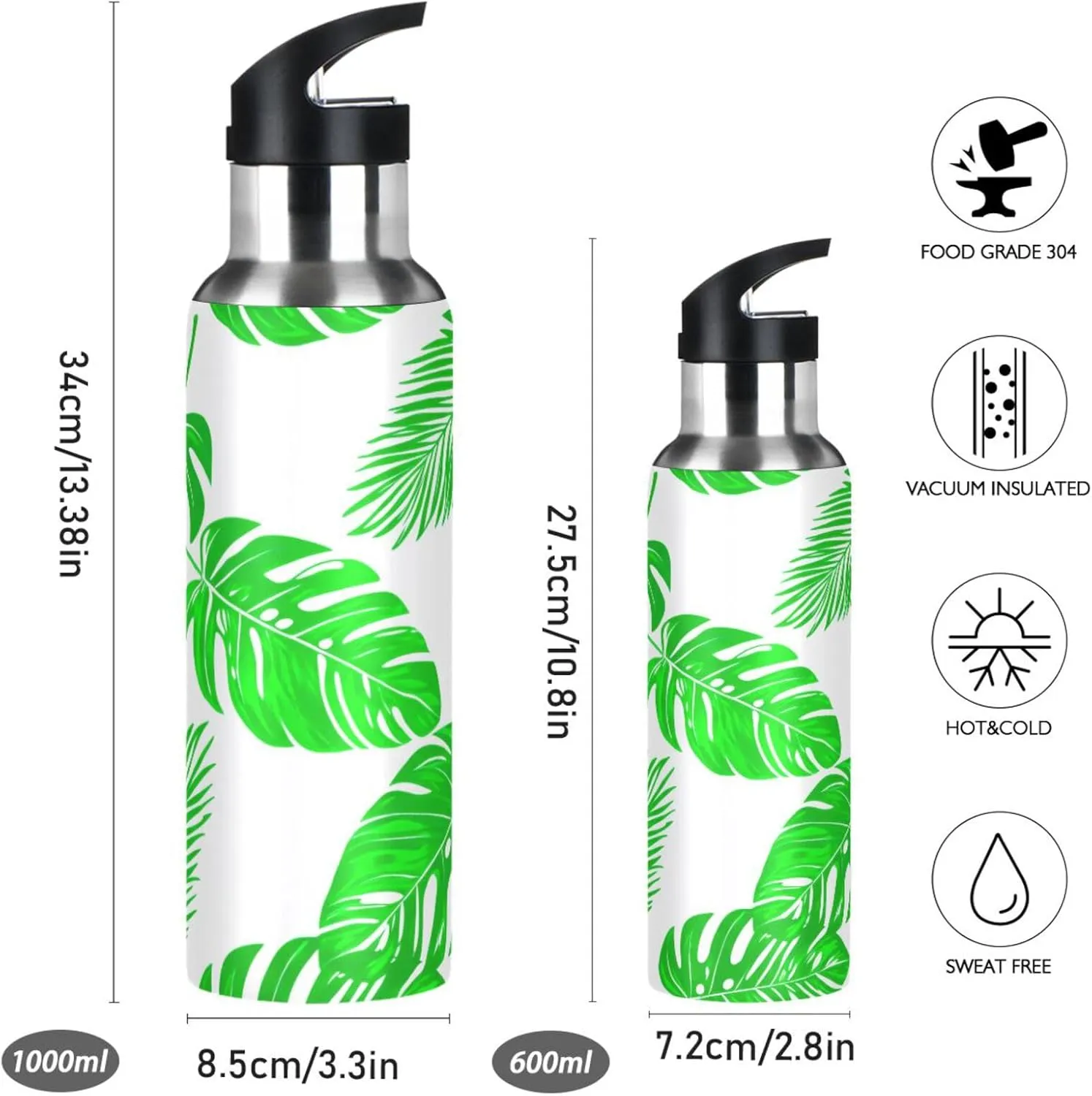 Tropical Plants Sports Water Bottle with Straw, 22oz BPA Free Stainless Steel Vacuum Insulated Bottle for Gym Fitness Outdoor