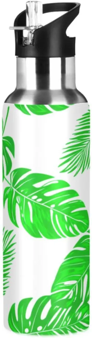 Tropical Plants Sports Water Bottle with Straw, 22oz BPA Free Stainless Steel Vacuum Insulated Bottle for Gym Fitness Outdoor