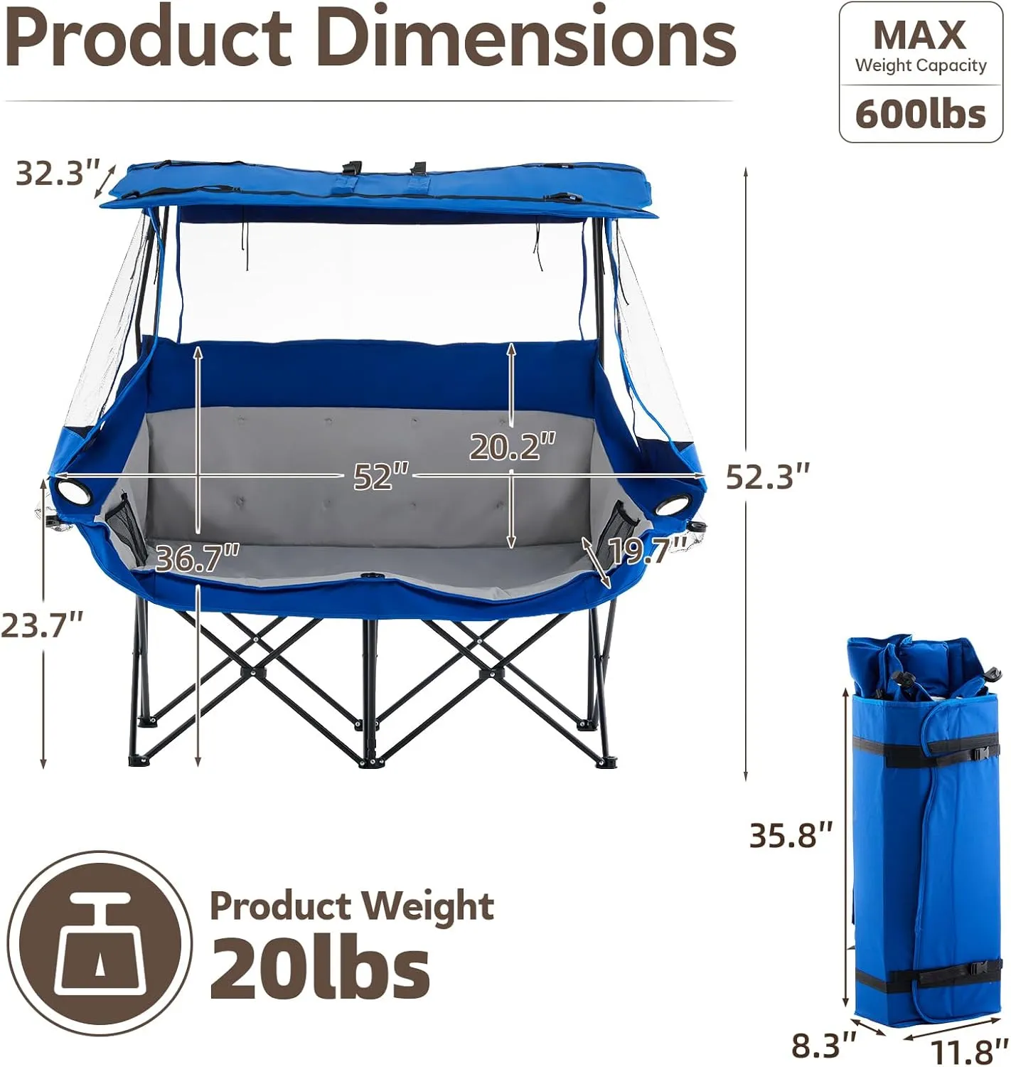 TUKAILAi Double Camping Chair with Canopy Shade, Oversized Folding 2 Person Loveseat with Cup Holders and Side Pockets, Portable Outdoor Couch for Beach Lawn Picnic Fishing (Blue   Grey)