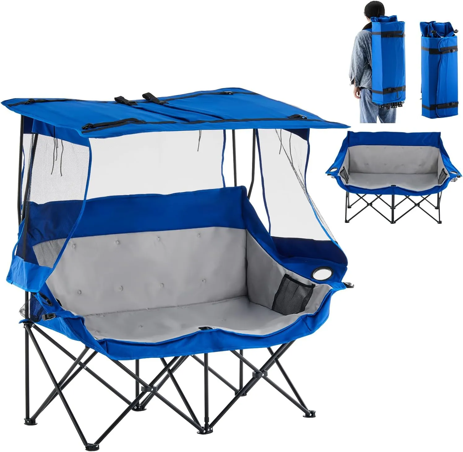 TUKAILAi Double Camping Chair with Canopy Shade, Oversized Folding 2 Person Loveseat with Cup Holders and Side Pockets, Portable Outdoor Couch for Beach Lawn Picnic Fishing (Blue   Grey)